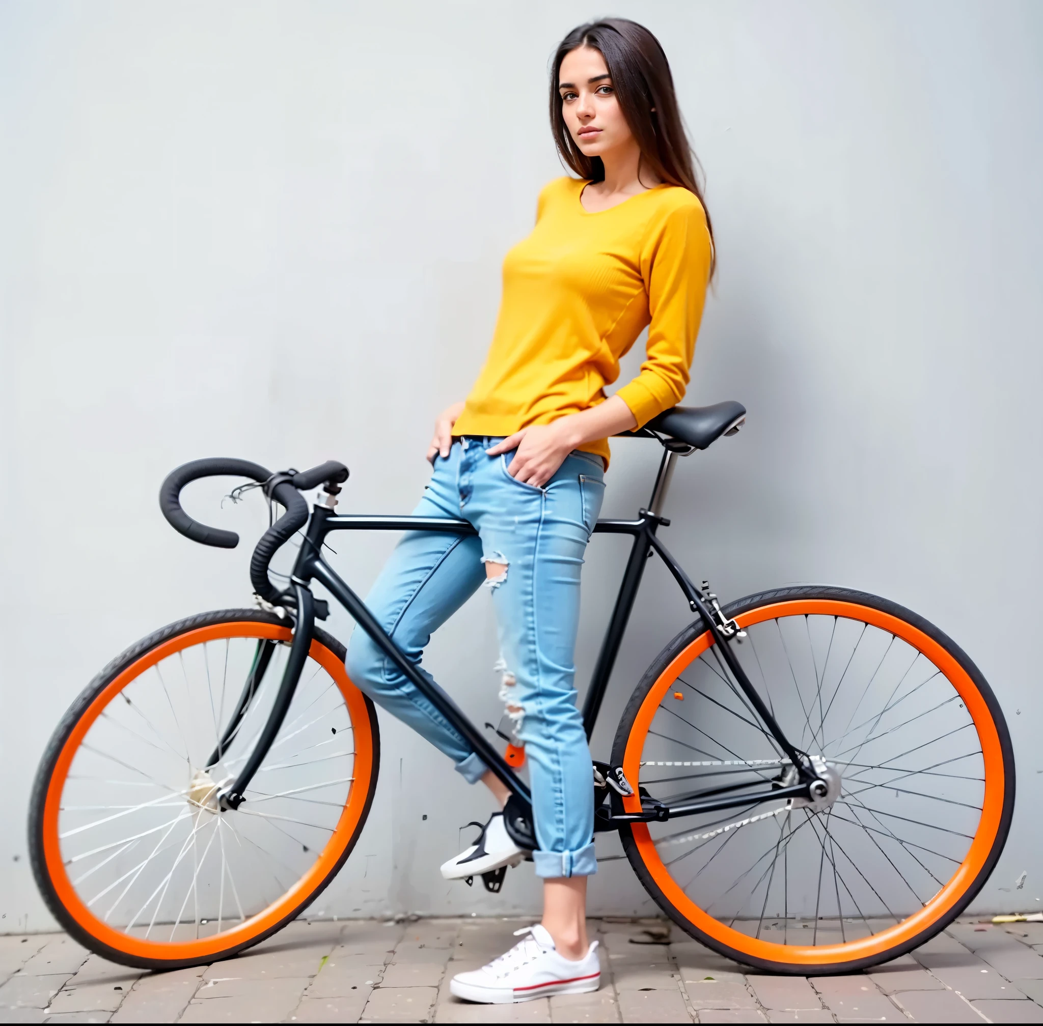 arafed woman in yellow sweater and jeans leaning on a bicicleta, bicicleta, bicicletas, foto de uma motociclista, bicicleta in background, ciclismo!!, andar de bicicleta, roupas casuais modernas, anda de bicicleta, fashionable, roupas esportivas, photoshoot, por Juan O&#39;Gorman, 🚿🗝📝, laranja e preto, estilo de roupa casual, um superinteligente