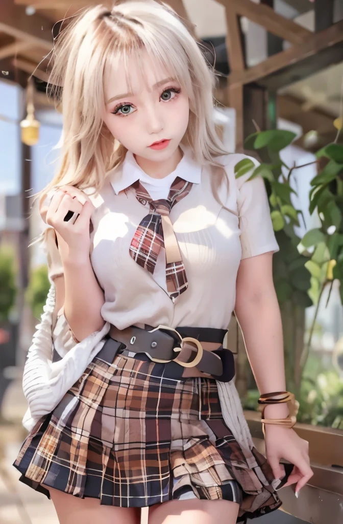 (masterpiece:1.6, highest quality), (Beautiful detailed eyes: 1.2), phyami, yamisch, 1 girl, long hair, alone, school uniform, hair ornaments, hair between eyes, two side up, blonde hair, very long hair, skirt, red eyes, thigh strap, sweater vest, Plaid skirt, Plaid, socks, two side up, hair ornaments, pleated skirt, knee high
,