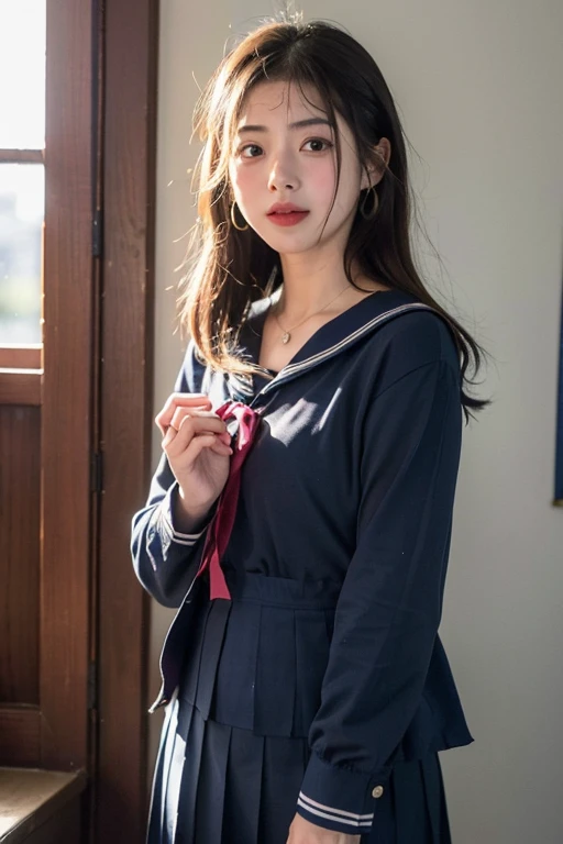 ((best quality)), ((masterpiece)), (detailed), perfect face、Enchanted body

((Satomi Ishihara、female、best proportions、Satomi Ishihara、semi-long、earrings、necklace、bangles、luxury accessories、female子高生の制服、Navy blue 、sailor suit、sailor suitリボン、red ribbon、sailor suitのリボン赤色、 designated by the school、Satomi Ishihara)）

smile