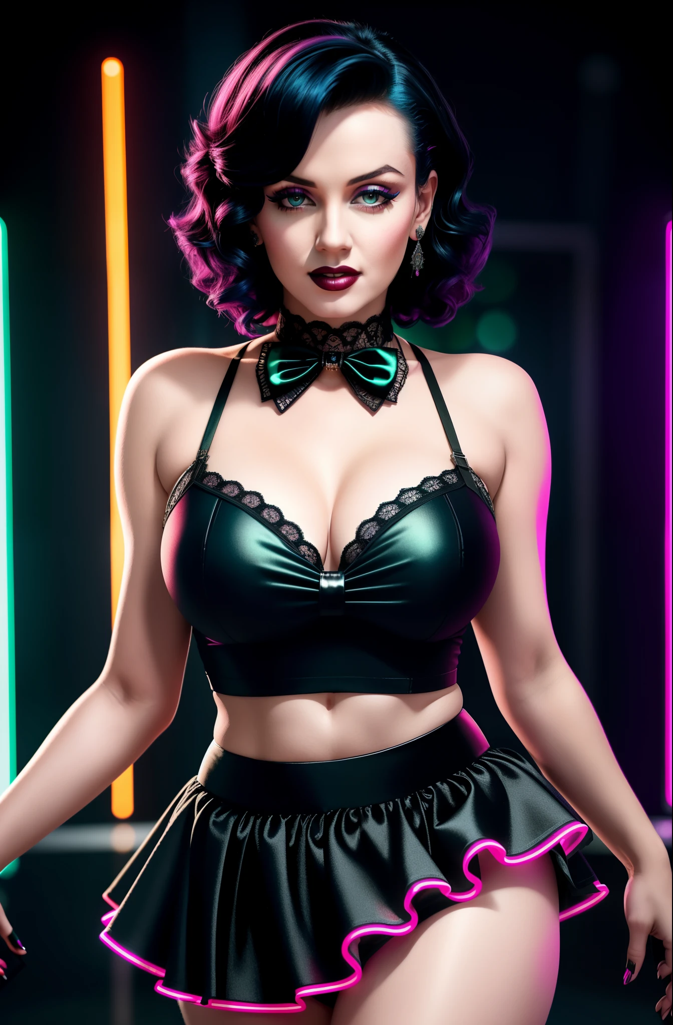a cinematic still of marilyn monroe as a beautiful ((goth rave)) queen, (cowboy shot), ((best quality)), ((masterpiece)), ((realistic)), (detailed), dance floor, (intricate skirt), cleavage, detailed tight shirt, (at a rave, neon lights:1.3), detailed seductive smirk, (realistic skin texture, intense eye contact), by artgerm, (by arny freytag), (Fujifilm XT3), , (dimly lit), high quality, 4k, 8k, uhd, bokeh,
