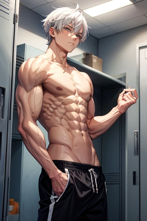 Anime guy about 16 in the locker room without a shirt With white hair 6 pack abs and strong arms