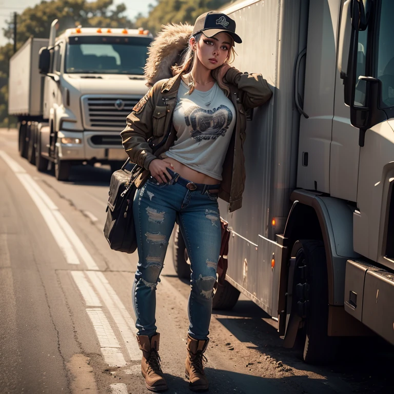 gorgeous female dressed as truck driver, truck in background, attractive, flirting, dirty clothes, dirty skin, (((full body visible))), looking at viewer, portrait, photography, detailed skin, realistic, photo-realistic, 8k, highly detailed, full length frame, High detail RAW color art, piercing, diffused soft lighting, shallow depth of field, sharp focus, hyperrealism, cinematic lighting, (Masterpiece:1.3), (best quality:1.3), 