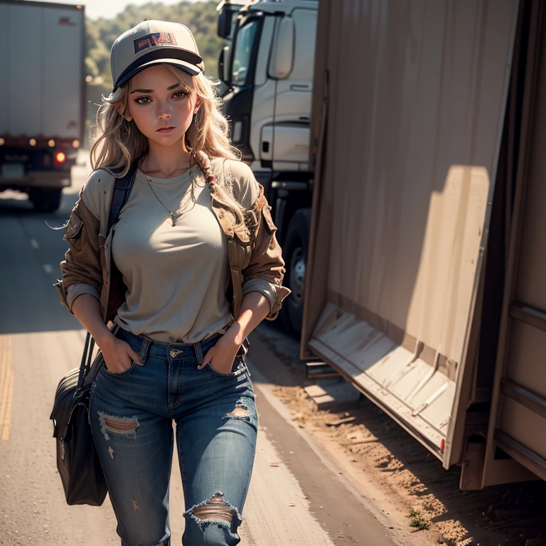 gorgeous female dressed as truck driver, truck in background, attractive, flirting, dirty clothes, dirty skin, (((full body visible))), looking at viewer, portrait, photography, detailed skin, realistic, photo-realistic, 8k, highly detailed, full length frame, High detail RAW color art, piercing, diffused soft lighting, shallow depth of field, sharp focus, hyperrealism, cinematic lighting, (Masterpiece:1.3), (best quality:1.3),