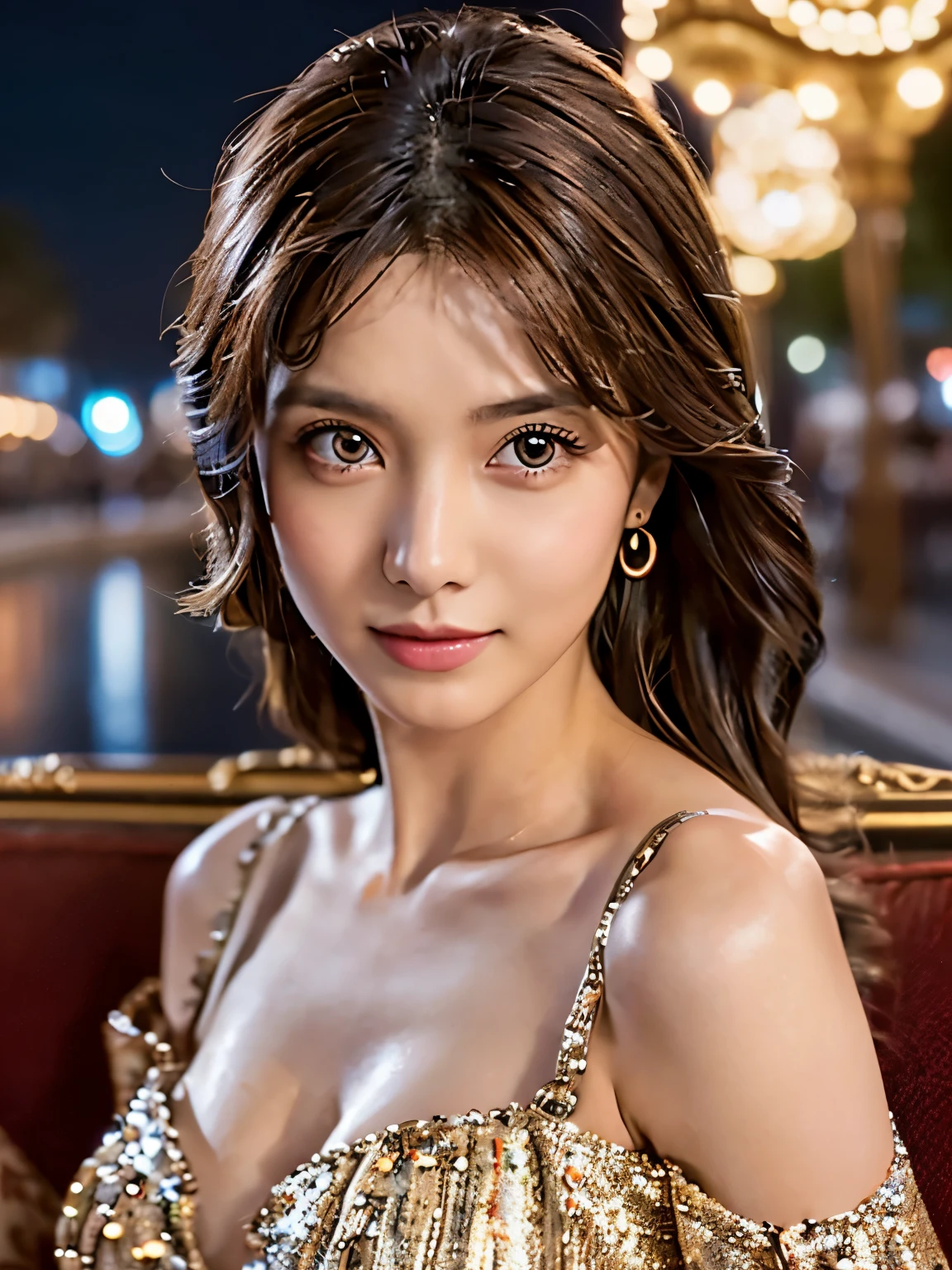 ((night view, realistic light, highest quality, 8K, masterpiece: 1.3)), 1 girl, beauty of slim body: 1.4, (brown hair, middle chest: 1.3), off shoulder cut top: 1.3, sofa, super detailed face, fine eyes, double eyelid, Disneyland, cleavage