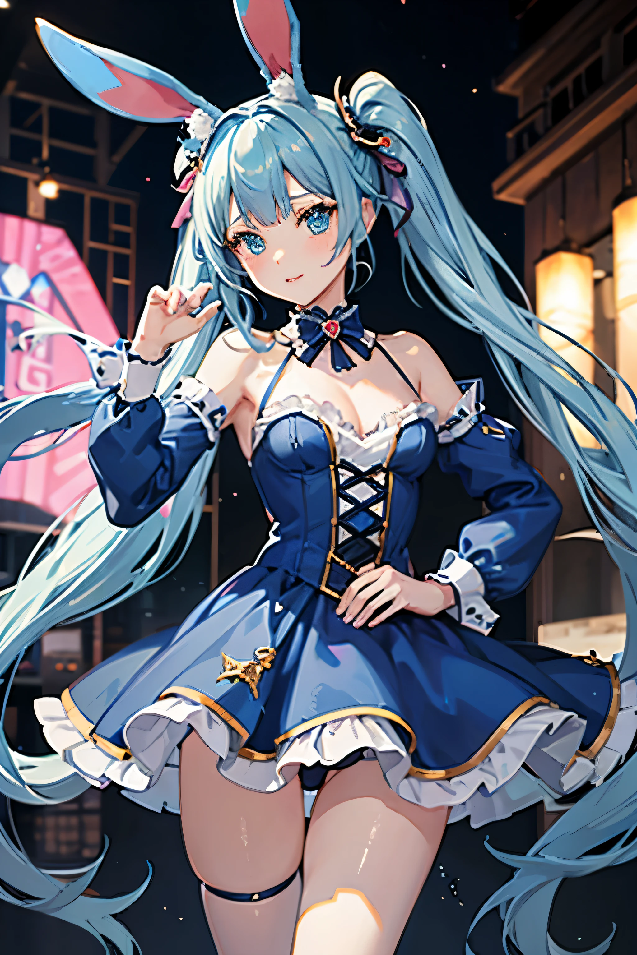 idol , idol ,from below , pink dress , with rabbit ears , blue hair, straddling , evil grin , blue dress , blue dress , highest quality, highest quality, Super detailed, High resolution, expensive resolution, HDR, 4k, 8K, unity 8k wallpaper, expensively detailed CG, masterpiece, realistic, photorealistic, 2D, 3D, beautiful details, depth, fine texture , super fine: 1.3, Fully focused, Crispy.skin, .he, Very cute anime girl with bllue twintail wearing expensive , one girl, smile、alone, blue twintail, animal ears, Bunny ears, mole under the eye, looking at the viewer , expensive , blush, mole, parted lips, hair ornaments, heart, blue eyes, choker, small breasts , blue dress , twintail , droopy eyes , droopy eyes , Bunny ears , blunt bangs , pale skin , beauty mark , with rabbit ears , at night , with tail , in heat ,idol stage , idol stage , with a microphone