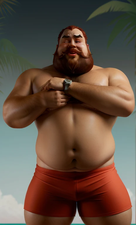 He is naked with no clothes, cartoon character of a bearded fat man extremely thick thighs bulging belly wearing a red swim trunks watch with different poses and poses, arte conceitual de desenho animado, design de personagens muito estilizado, design de personagens estilizados, design de personagens altamente detalhado, arte em artstation, design de personagens, estilo de personagem Disney, arte conceitual, design de personagens animados, design de personagens de alta qualidade, character exploration, great character design, in the style of Disney animation, character illustration