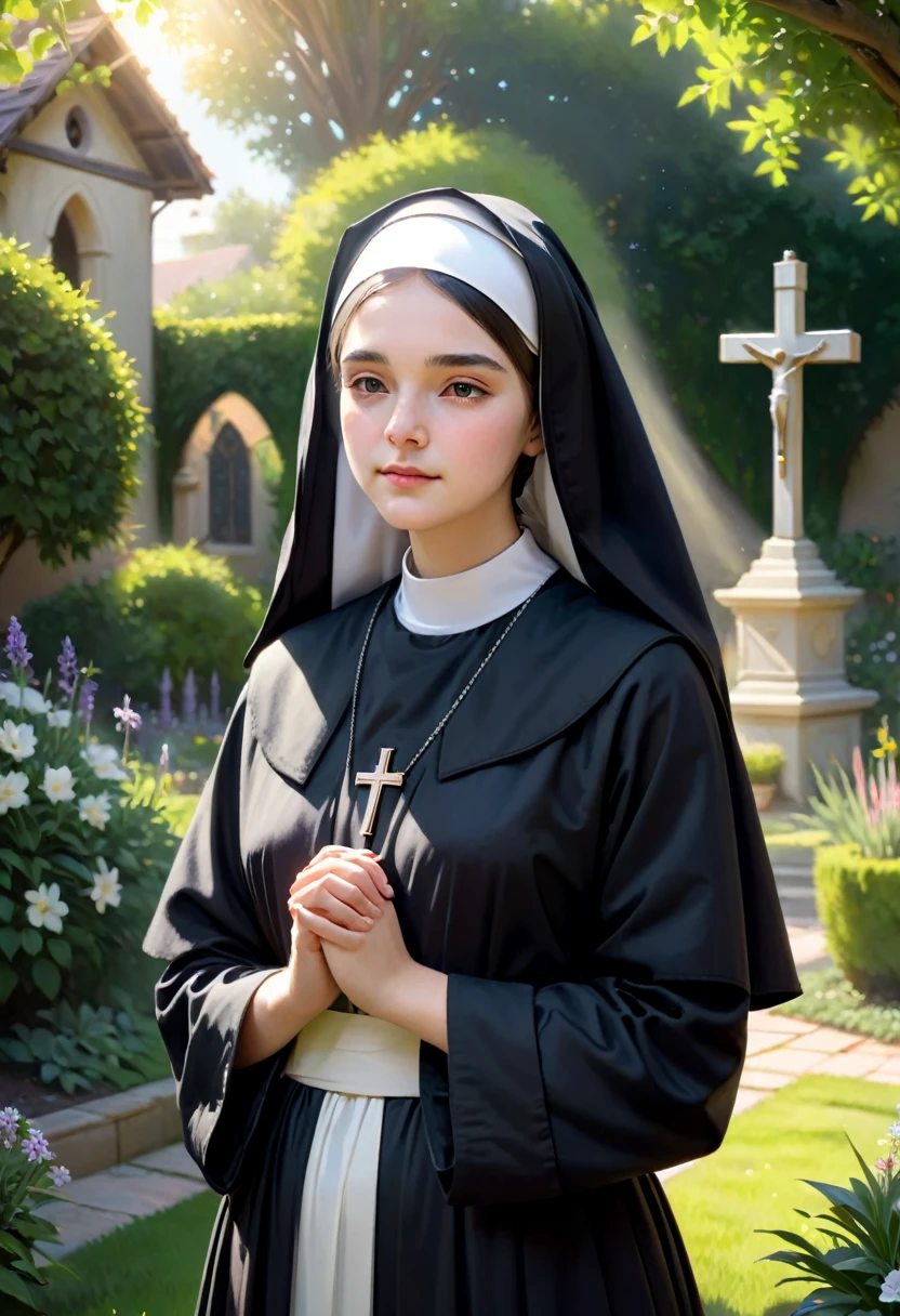 1girl, nun, dark robes, holy cross, serene expression, peaceful garden, soft sunlight, quiet atmosphere, sacred surroundings, (best quality, 4k, 8k, highres, masterpiece:1.2), ultra-detailed, painting-like, soft pastel colors, gentle lighting, aesthetic