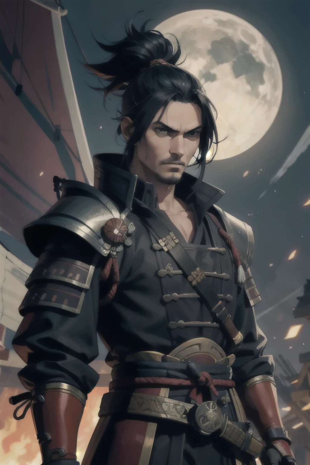 male samurai pirate, standing on a pirate ship, detailed armor, intense face, fierce eyes