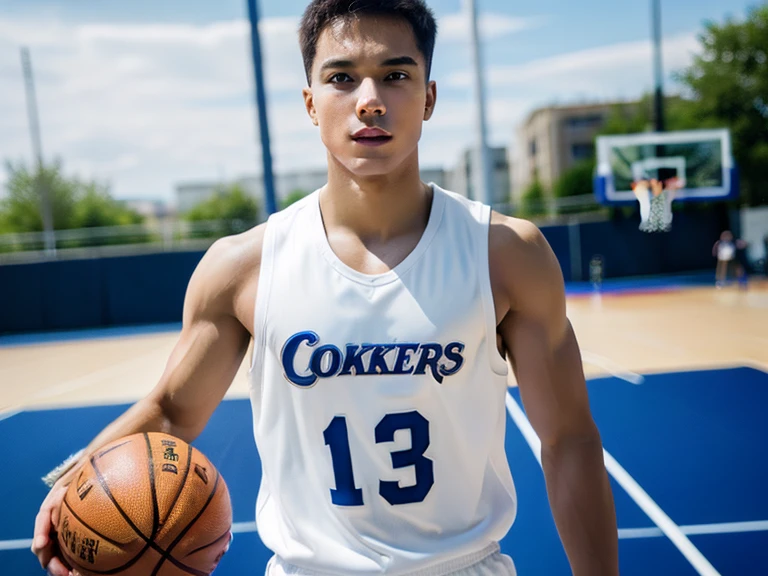 1 person,19 year old muscular man,Wearing a white basketball vest,white basketball shoes,Catching a basketball on the basketball court,soft light,masterpiece,best quality,8K Ultra HD,digital SLR camera,film grain,Fujifilm XT3 Realistic Art by Midjourney and greg rutkowski