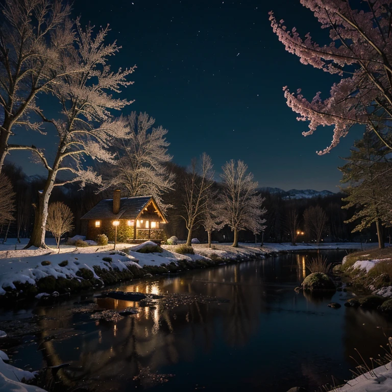 Fairytale landscape of early spring at night.