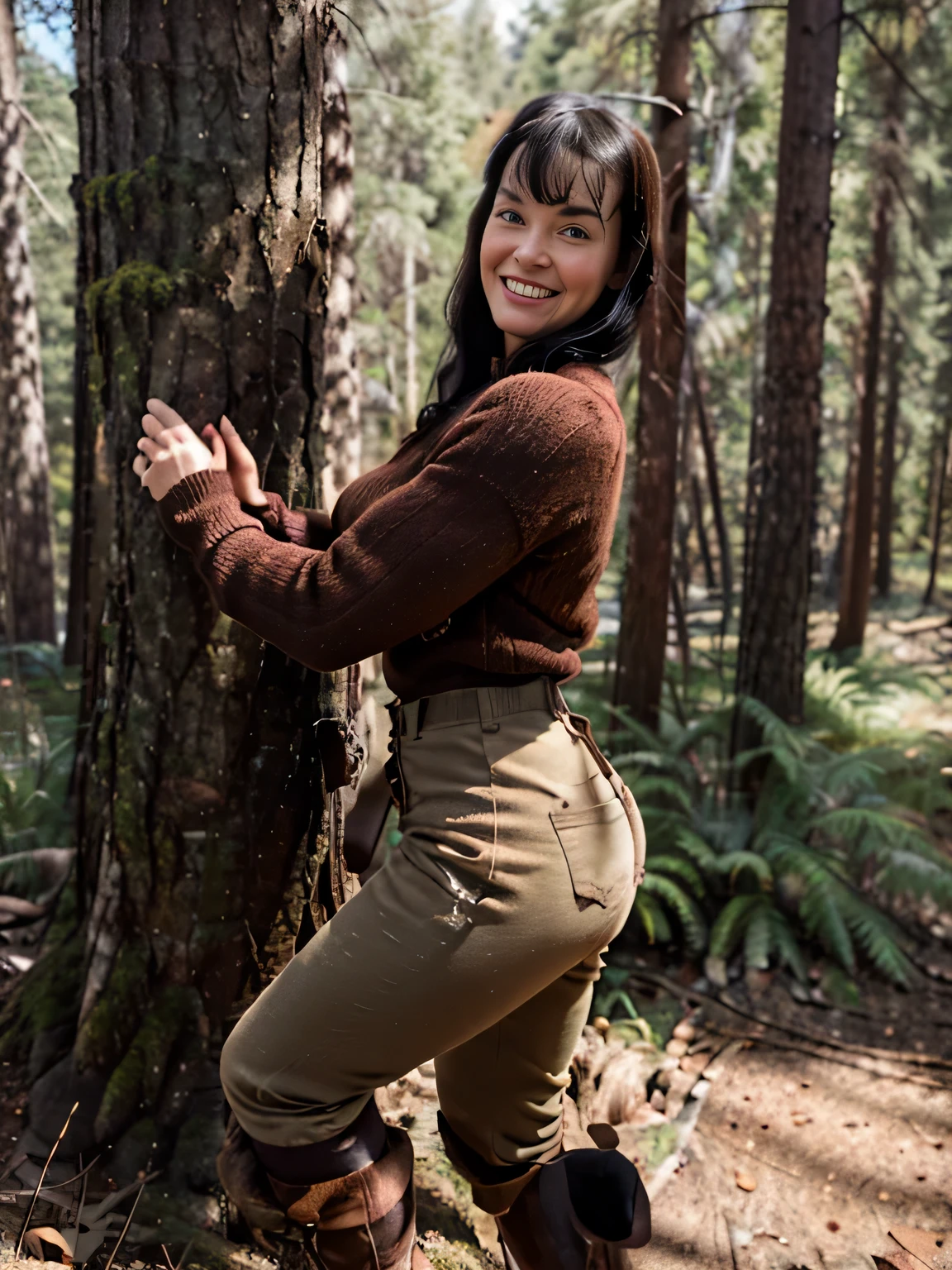 smiling sweaty Bettie page, climbing a mountain, in a forest,big wool brown sweater, velvet brown pants, mountain boots, mountain ax in hand, she's climbing hard the mountain, a big bear is hidin behind a tree,photo captured in stunning Ultra HD, 8k resolution, Nikon D850, 