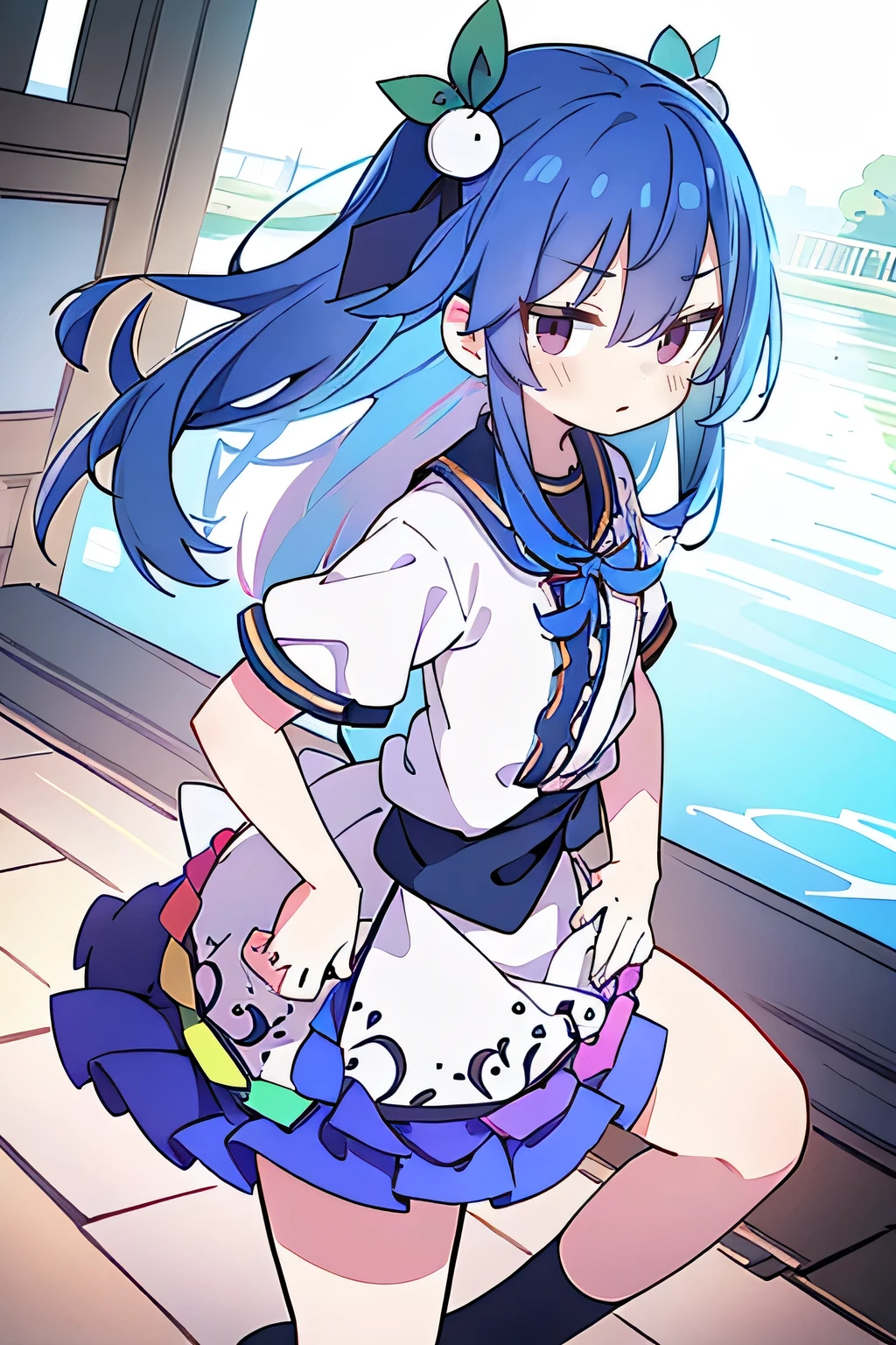 (masterpiece),best quality, expressive eyes, perfect face, 1girl,
 Put your hands on your waist,fair, Gorgeous,Japanese cartoons,girl,lola,Hina Angel, blue hair, blue haired, floating clothes,Grab your waist, Grab your waist, hands on hips , hands on hips,sit, sit on ground, Legs on the ground, flat chest,cat ears,dark blue eyes,