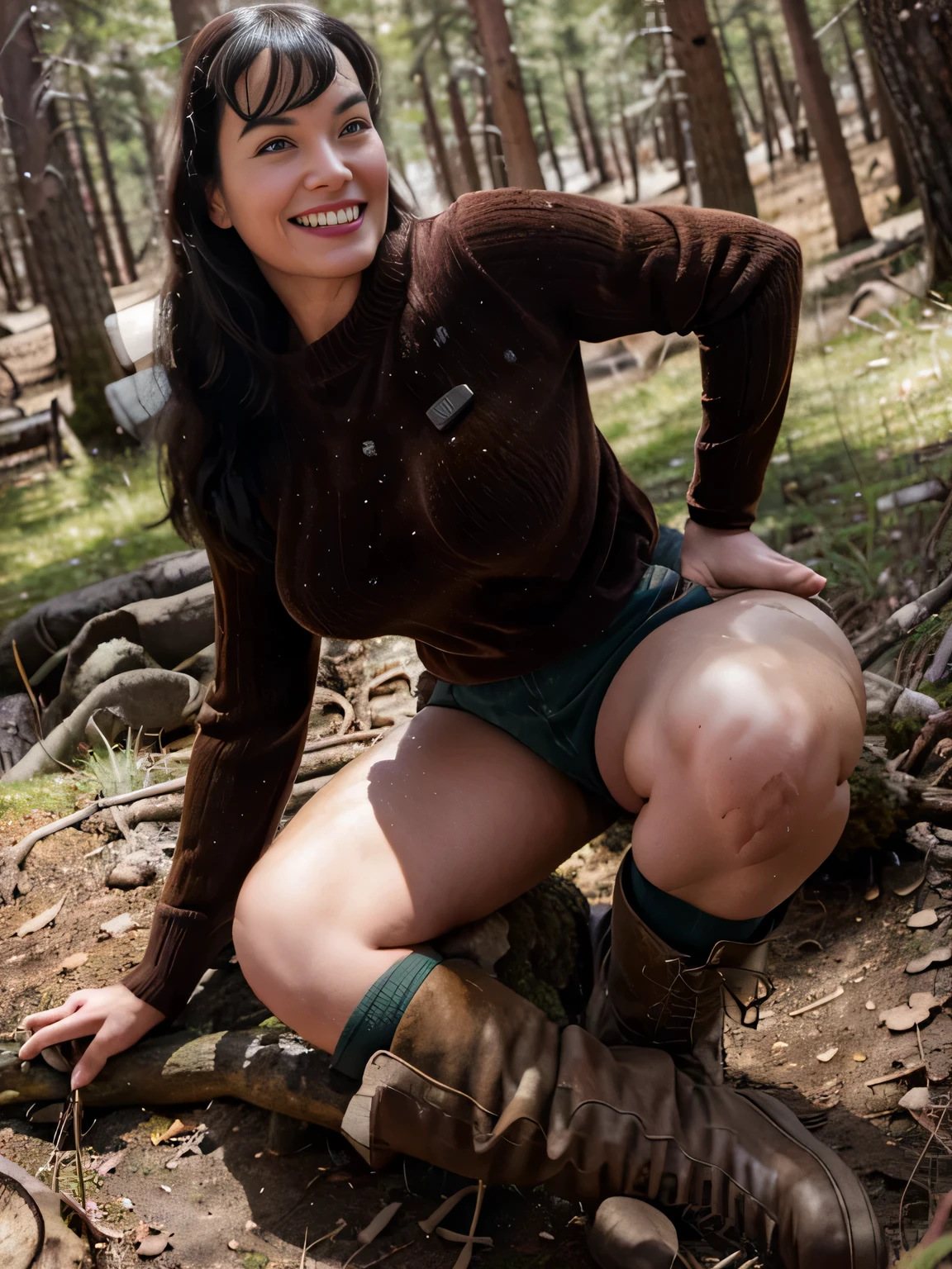 smiling sweaty Bettie page, climbing a mountain, in a forest,big wool brown sweater, velvet brown pants, mountain boots, mountain ax in hand, she's climbing hard the mountain, a big bear is hidin behind a tree,photo captured in stunning Ultra HD, 8k resolution, Nikon D850, 