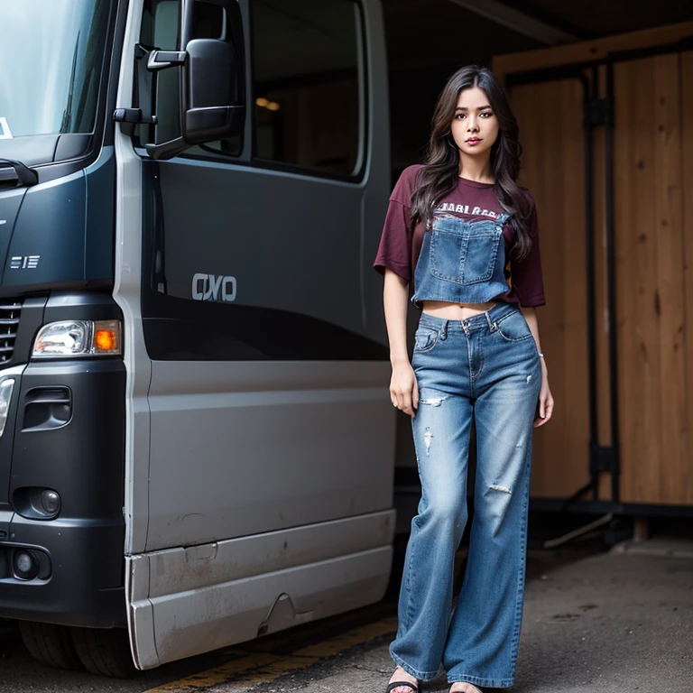 gorgeous female dressed as truck driver, truck in background, attractive, flirting, dirty clothes, dirty skin, (((full body visible))), looking at viewer, portrait, photography, detailed skin, realistic, photo-realistic, 8k, highly detailed, full length frame, High detail RAW color art, piercing, diffused soft lighting, shallow depth of field, sharp focus, hyperrealism, cinematic lighting, (Masterpiece:1.3), (best quality:1.3),
