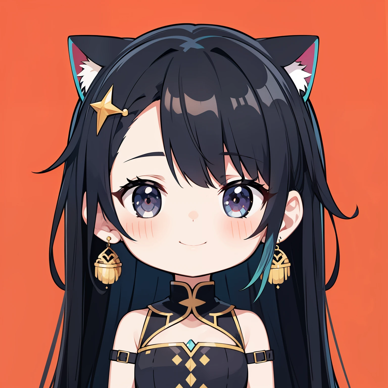 ultra high resolution, north african trade zone, best aesthetics, best quality, on the table, Flat avatar, perfect lighting、(Colorful、Bright colors: 1.4)、A cat、I'm using, Have rainbow colored hair, very shy, a smile, hair accessories, chibi, simple background, earrings, jewelry, side lock, big oval eyes,Flat avatar, simple background, A black-haired one,