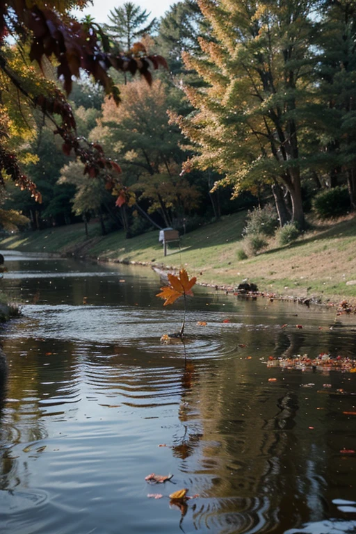 perfect red maple leaf falling in lake