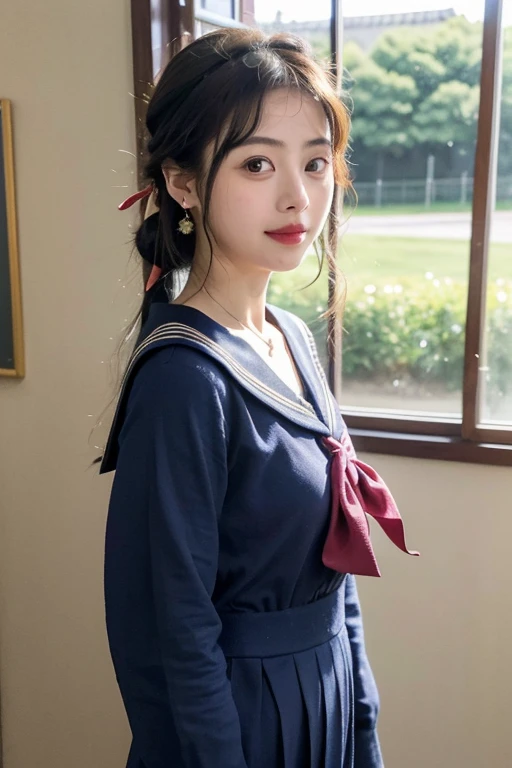 ((best quality)), ((masterpiece)), (detailed), perfect face、Enchanted body
((Satomi Ishihara、female、best proportions、Satomi Ishihara、semi-long、earrings、hair band、necklace、bangles、luxury accessories、female子高生の制服、Navy blue 、sailor suit、sailor suitリボン、red ribbon、sailor suitのリボン赤色、 designated by the school、smile、Satomi Ishihara))