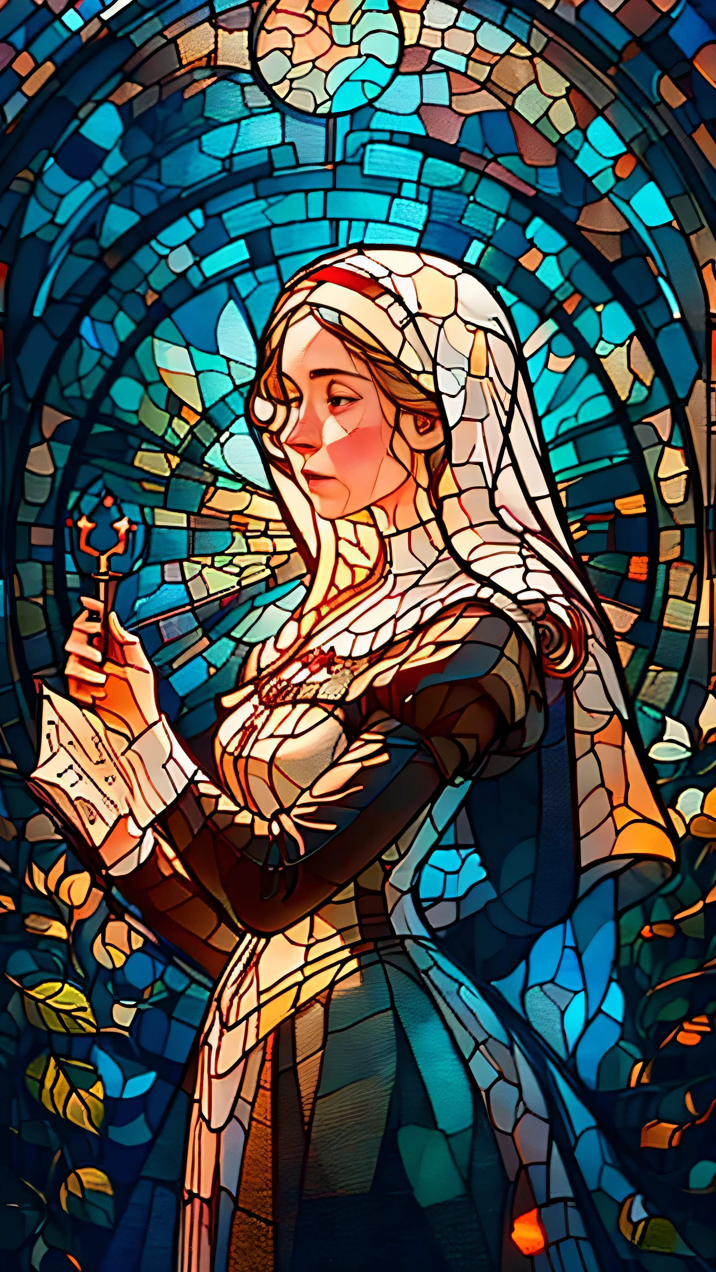 drawing of a nun on a stained glass window, in a gothic cathedral, stained glass portrait, dramatic lighting on the stained glass window, dark atmosphere, soft candlelight, minimalist composition. best quality, 8k, masterpiece: 1.2, ultra-detailed, realistic