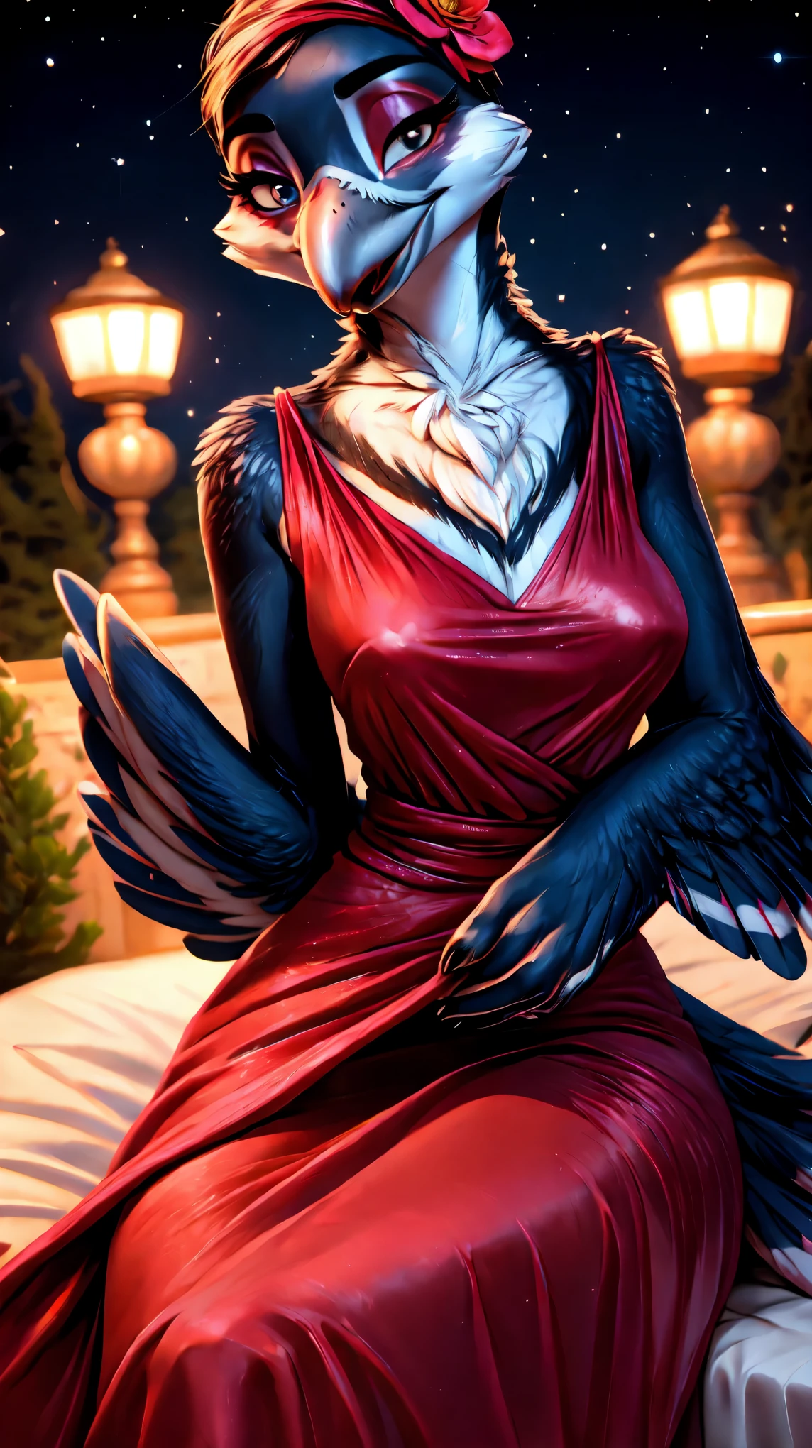 (((beautiful night view))),((jewelry necklace)),((full body)),(((anthro magpie))),(((bed room))),((Lover-like relationship)),((racy Dress)),smile,((flower hair ornament)),female, ((((winged-arms)))),((sitting)),((wine bottle)),portrait, big breasts, beak,cute,Super high quality,masterpiece,heart shaped pupils,(highest quality,4k,8K,High resolution,masterpiece:1.2), Super detailed, HDR, UHD, studio lightning, ultra-fine goodinting, sharp focus, Physically based rendering, extrine detail description, Professional, Bright colors, Bokeh, (in) you bring, landscape, photograph, concept artist (Style), (with) vibrant color goodlette, (good) soft lighting