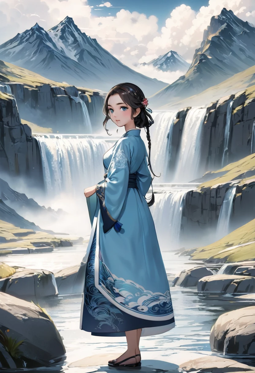 best quality, masterpiece, 8k, ultra high res, (photorealistic:1.4), highly detailed, intricate detail, delicate and beautiful, good lighting, professional lighting, sharp focus, detailed shadows, exquisite details and textures, depth of field, unity 8k wallpaper, 1girl, water blue and white long dress, Hanfu, water sleeves, distant mountains and cloud background,full_body,Mountains, waterfalls, clouds