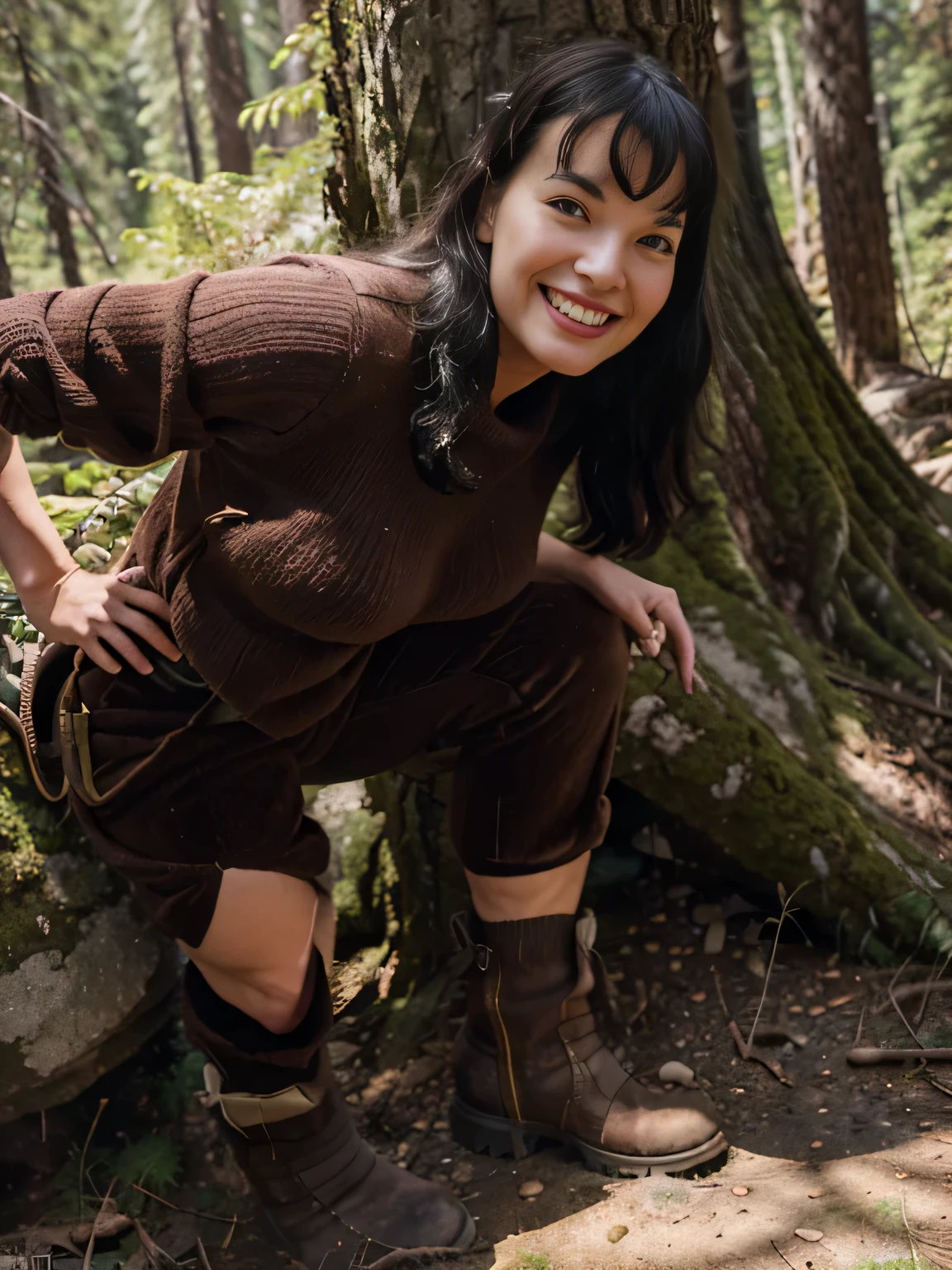 smiling sweaty Bettie page, climbing a mountain, in a forest,big wool brown sweater, velvet brown pants, mountain boots, alpenstock
 hand, she's climbing hard the mountain, a big bear is hidin behind a tree,photo captured in stunning Ultra HD, 8k resolution, Nikon D850, 