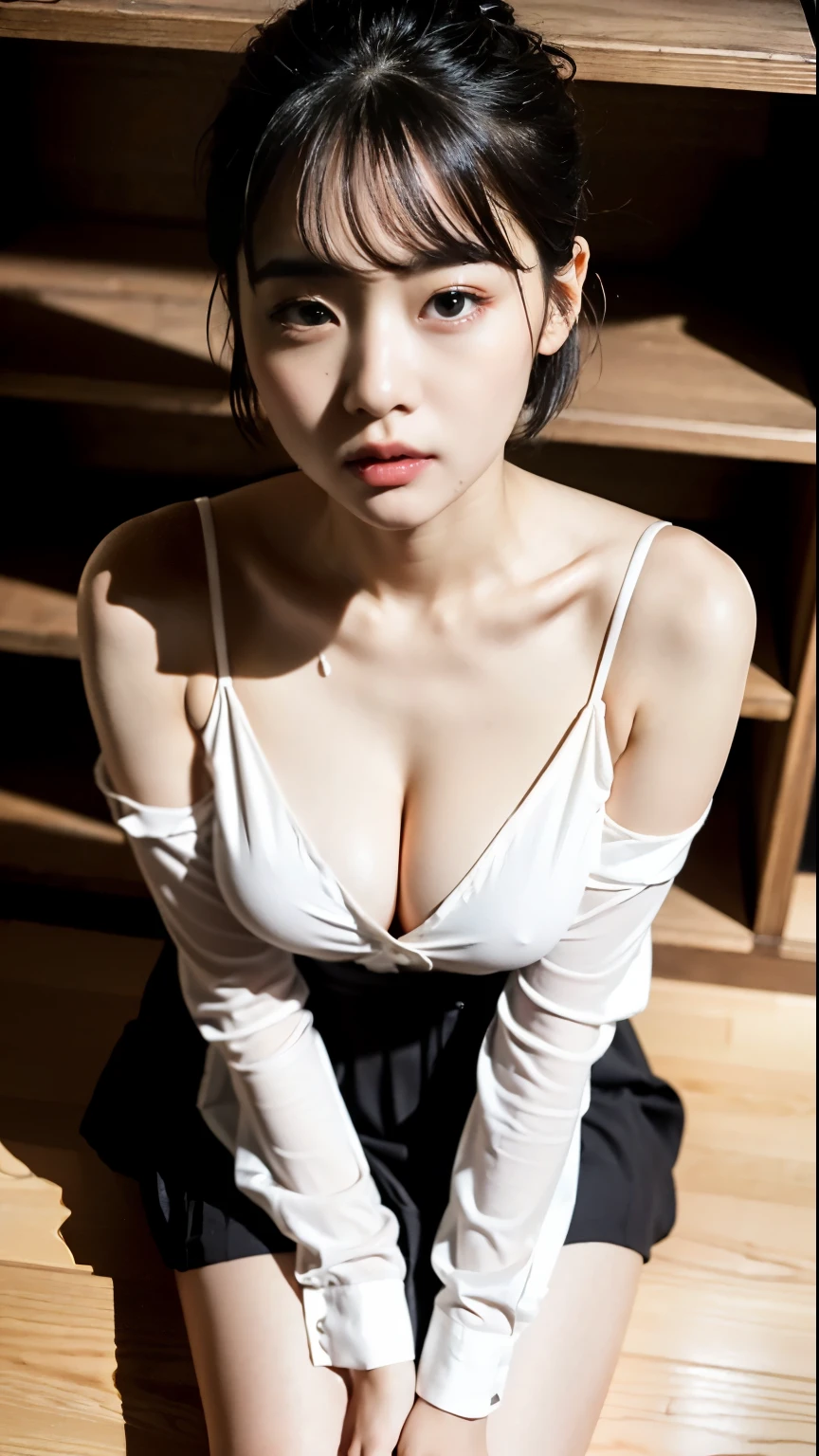 (highest quality, 8K, 32k, masterpiece, UHD:1.2),beautiful japanese women pictures, 18 ～ Random age over 35,cleavage、medium meat、sexy thighs、,(black,short hair:1.2),In front of the bookshelves in the library,(open white shirt:1.3),cleavage、nipple、chest、no skirt,off shoulder,(shot from above:1.4),looking at the viewer,floor to sit on,(drooling:1.5),blush,(close:1.2),half open mouth、,detailed face,Extend your hand under the camera to get a close-up view:2.0