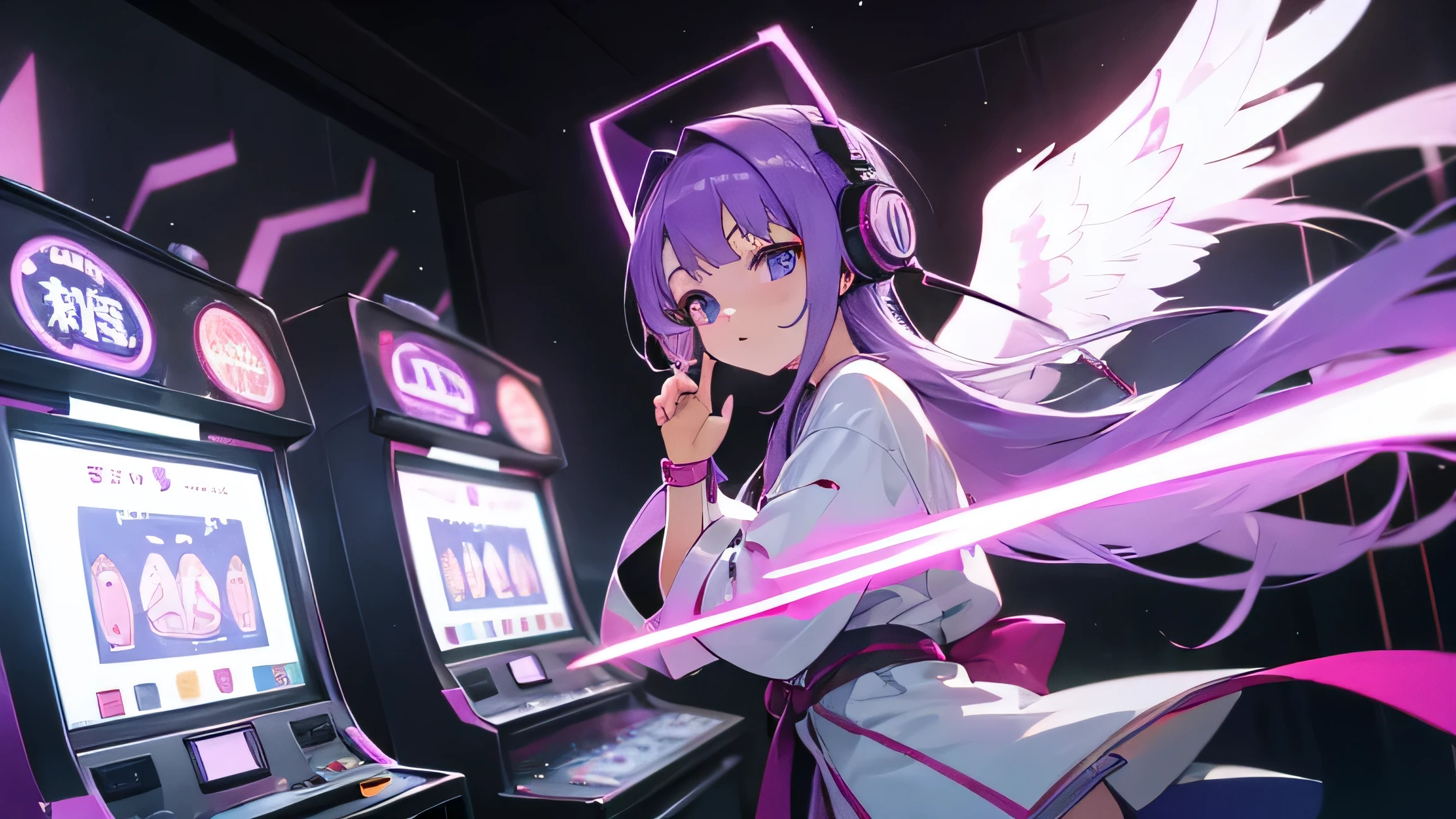 wearing headphones,Purple-haired girl in angelic costume plays on Japanese slot machines。 Accurate finger movements。