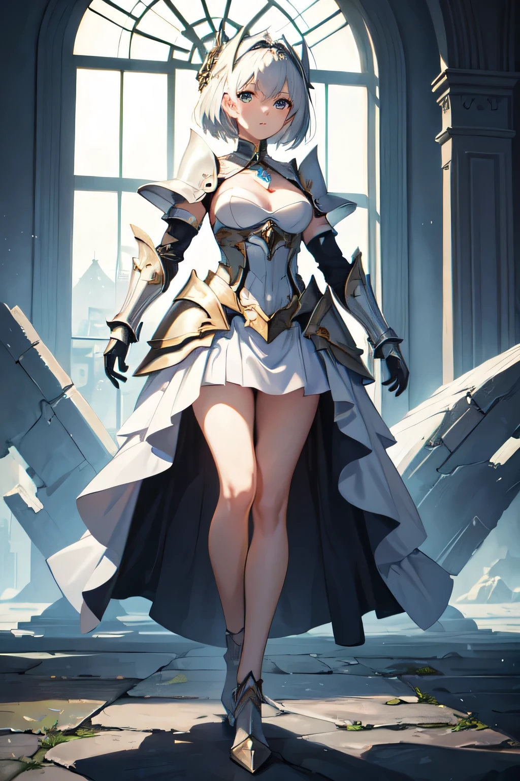 masterpiece, best quality, wide-angle, Hyperdetailed, masterpiece, best quality, 8k, natural lighting, soft lighting, sunlight, HDR (High Dynamic Range), Maximum Clarity And Sharpness, Multi-Layered Textures, colorful, 1girl, sole girl, beautiful anime girl, full_body, short_hair, platinum_hair, light_blue_eyes, white_dress, small breasts, (serious face), ((armored dress)), (battle pose)