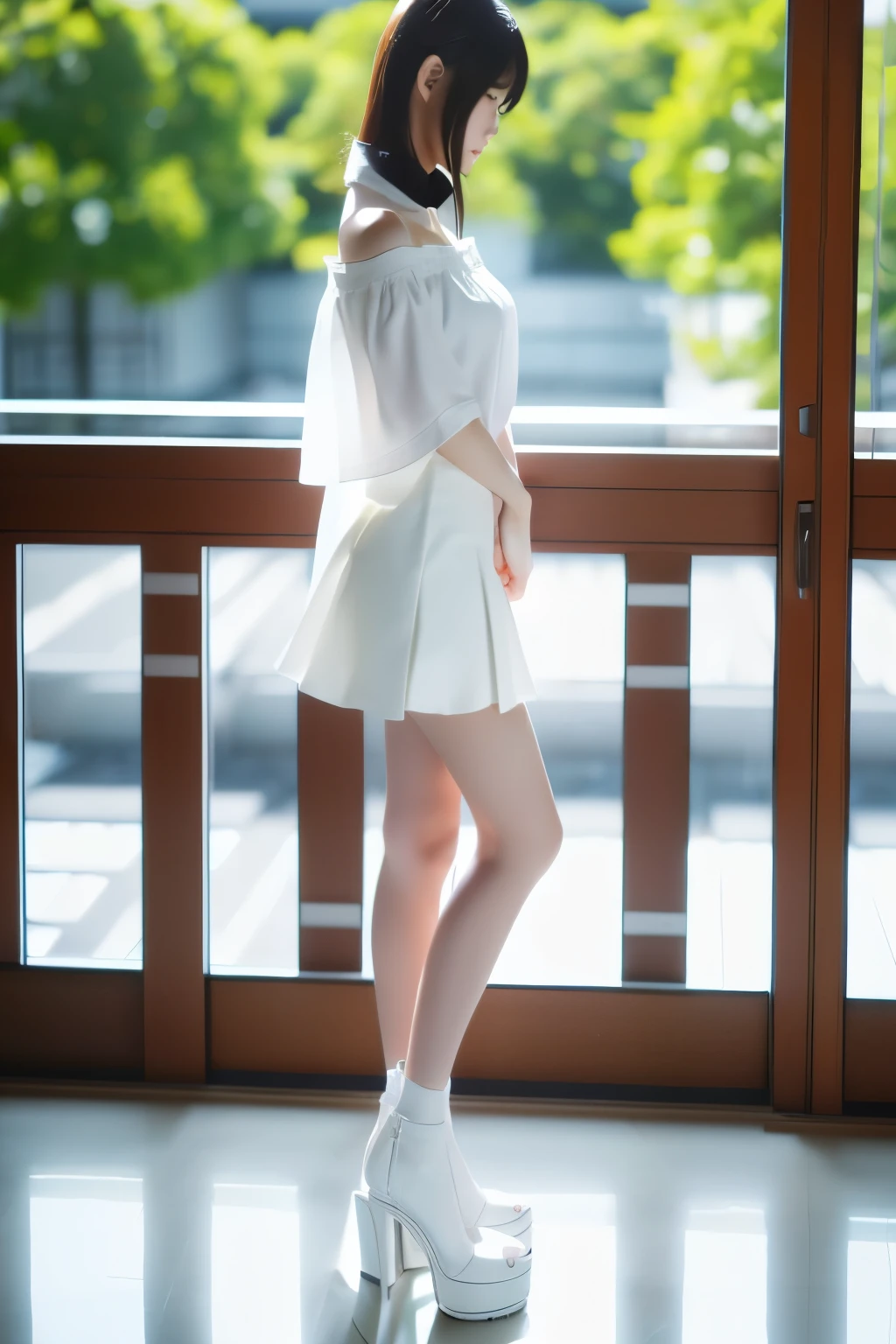 1 Japanese girl,standing,blushing and embarrassed face,summer casual style,white blouse,white flare skirt,white choker,white high heels,((Full body:1.2,Voyeur from the side:1.2)),slim body shape,from below,realistic,best quality,ultra-detailed,high resolution,beautiful white skin,looking at another,flooring room
