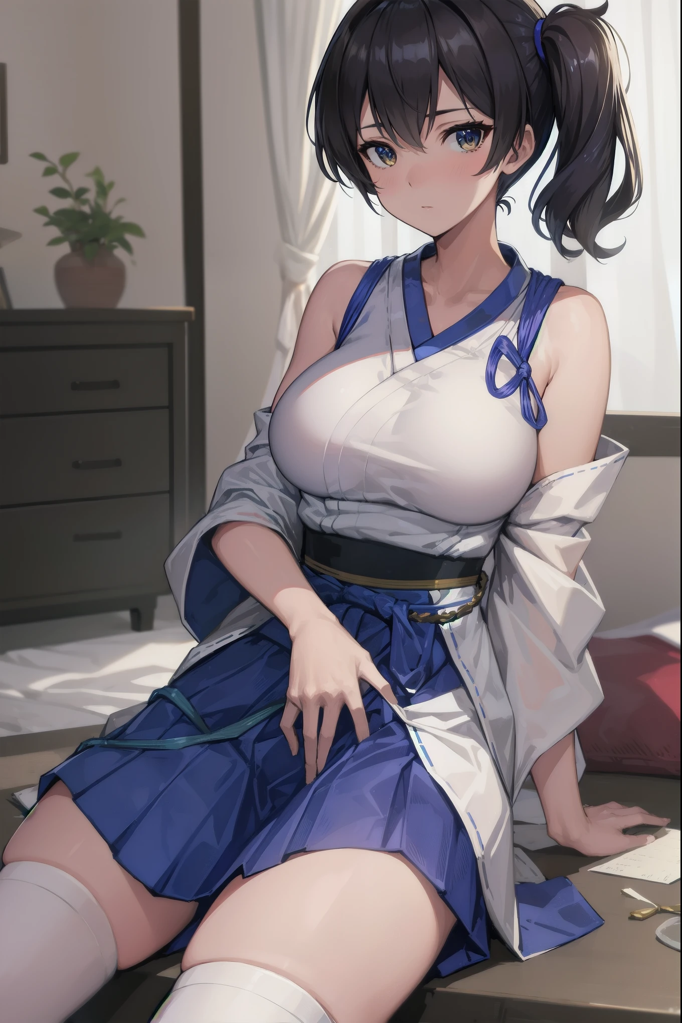 Kaga(Fleet Collection),highest quality, masterpiece, High resolution,kimono,blue skirt,side ponytail,big_breasts,