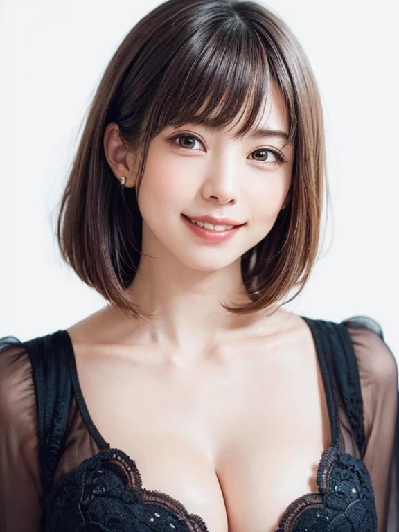 (software:1.8、masterpiece, highest quality),1 girl, alone, have, realistic, realistic, looking down, light brown eyes, Brunette short bob hair with highly detailed shiny hair, short hair:1.8、Beautiful face in symmetry、spring clothes:1.6, Whity, lips, bangs, outdoor, closed mouth, whole body,whole body,Big eyes、eyelash、((Very simple white background:1.8))、(((bangsのあるshort hair、Big eyes、big and full chest、look at the audience、beautiful beauty、show me your ears、long neck、smile、please close your mouth and smile)))、ideal body proportions、(({Huge|big|Hugeな|mega} chest:2, cleavage:2、幸せなsmile、beautiful teeth、))