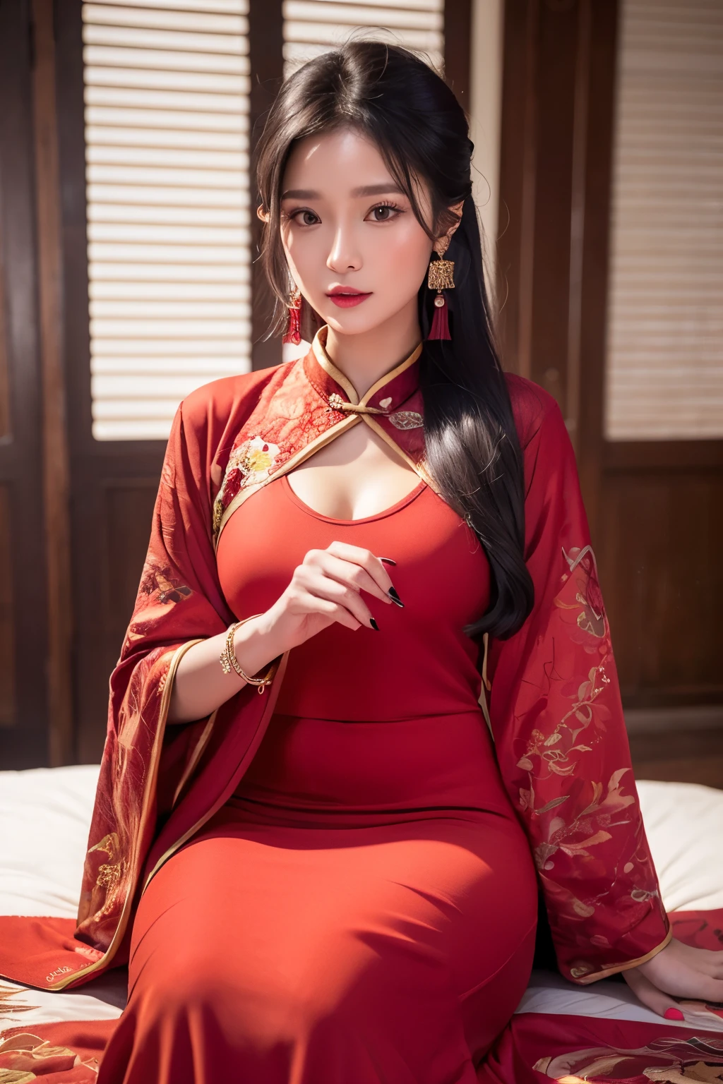 (ultra realistic 8k CG:1.2),perfect artwork,delicate pattern,intricate detail, (unparalleled masterpiece,best quality:1.2),(extremely intricate:1.2),a woman in a red and gold dress, hair stick,(sitting on red bed),Cosmetic,black_hair, (2 red candles), chinese_clothes, curtains, earrings, hair_ornament, hanfu, indoors, jewelry, red nails, long_sleeves, red dress, red lips, tassel, (Red quilt),(red palace:1.2),(ancient Chinese architecture),(red:1.8),night