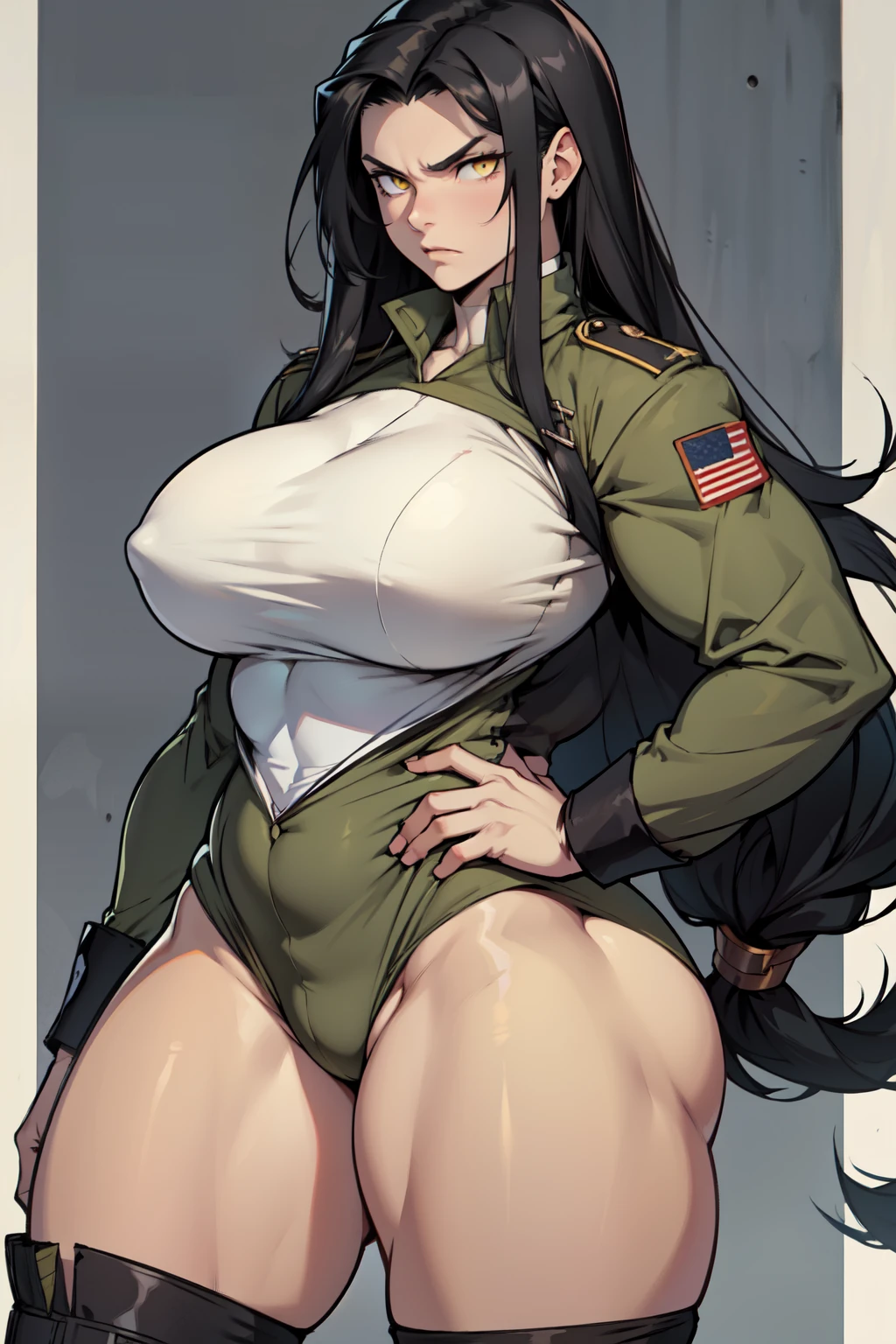 solo, 1 girl, (very long hair), black hair, angry, yellow eyes pale skin (wide hips thick thighs curvy muscular toned body bodybuilder huge tits) (military uniform)