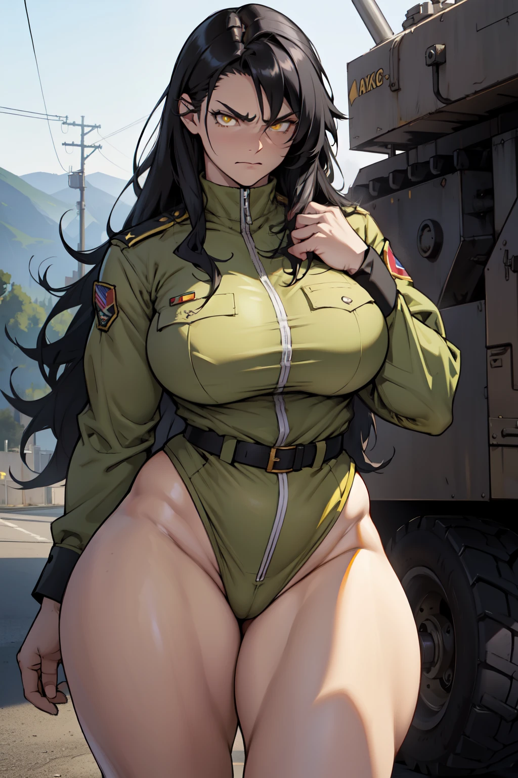 solo, 1 girl, (very long hair), black hair, angry, yellow eyes pale skin (wide hips thick thighs curvy muscular toned body bodybuilder huge tits) (military uniform)