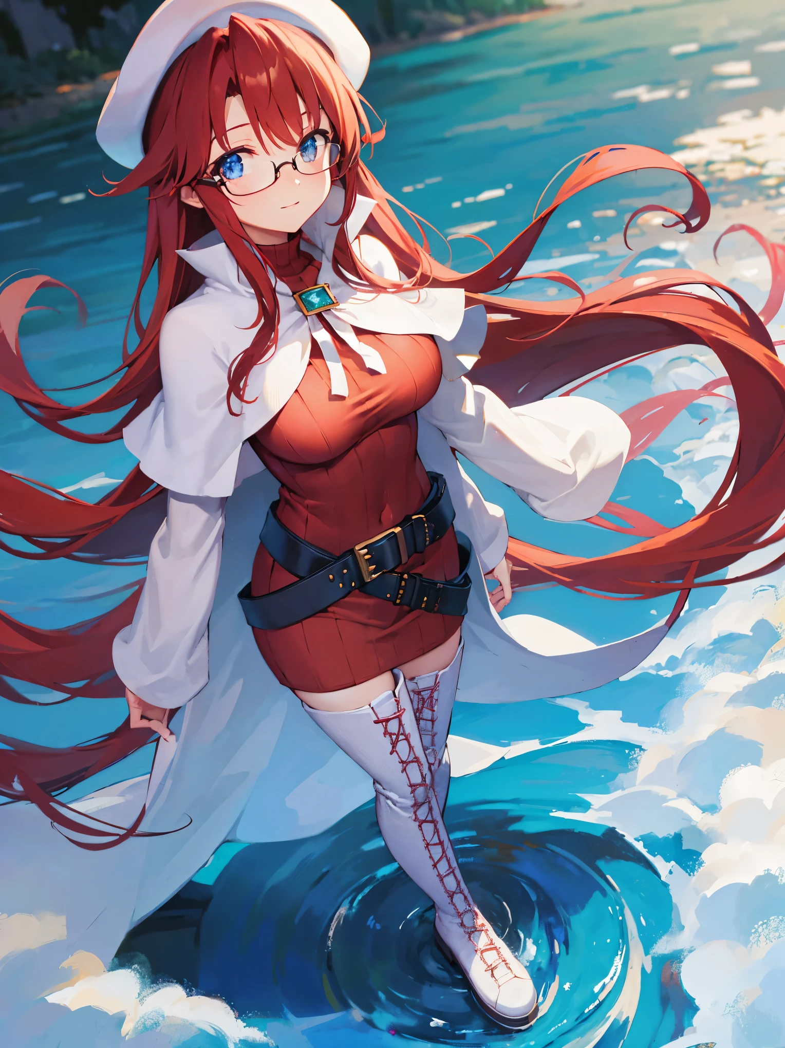 summonnightaty, aty, long hair, blue eyes, red hair, beret, hat, glasses,
BREAK long hair, thighhighs, hat, dress, boots, glasses, belt, cape, sweater, zettai ryouiki, beret, thigh boots, white footwear, ribbed sweater, loose belt,solo,
BREAK outdoors, fantasy,on_a_ship,
BREAK (masterpiece:1.2), best quality, high resolution, unity 8k wallpaper, (illustration:0.8), (beautiful detailed eyes:1.6), extremely detailed face, perfect lighting, extremely detailed CG, (perfect hands, perfect anatomy),covered_nipples,covered_navel,light_smile ,(half_eyes:1.4),sword,armpit,sleepy,dynamic_standing,barrel,red_sweater,apart_legs,magical_effect,pulmp,big_tits,