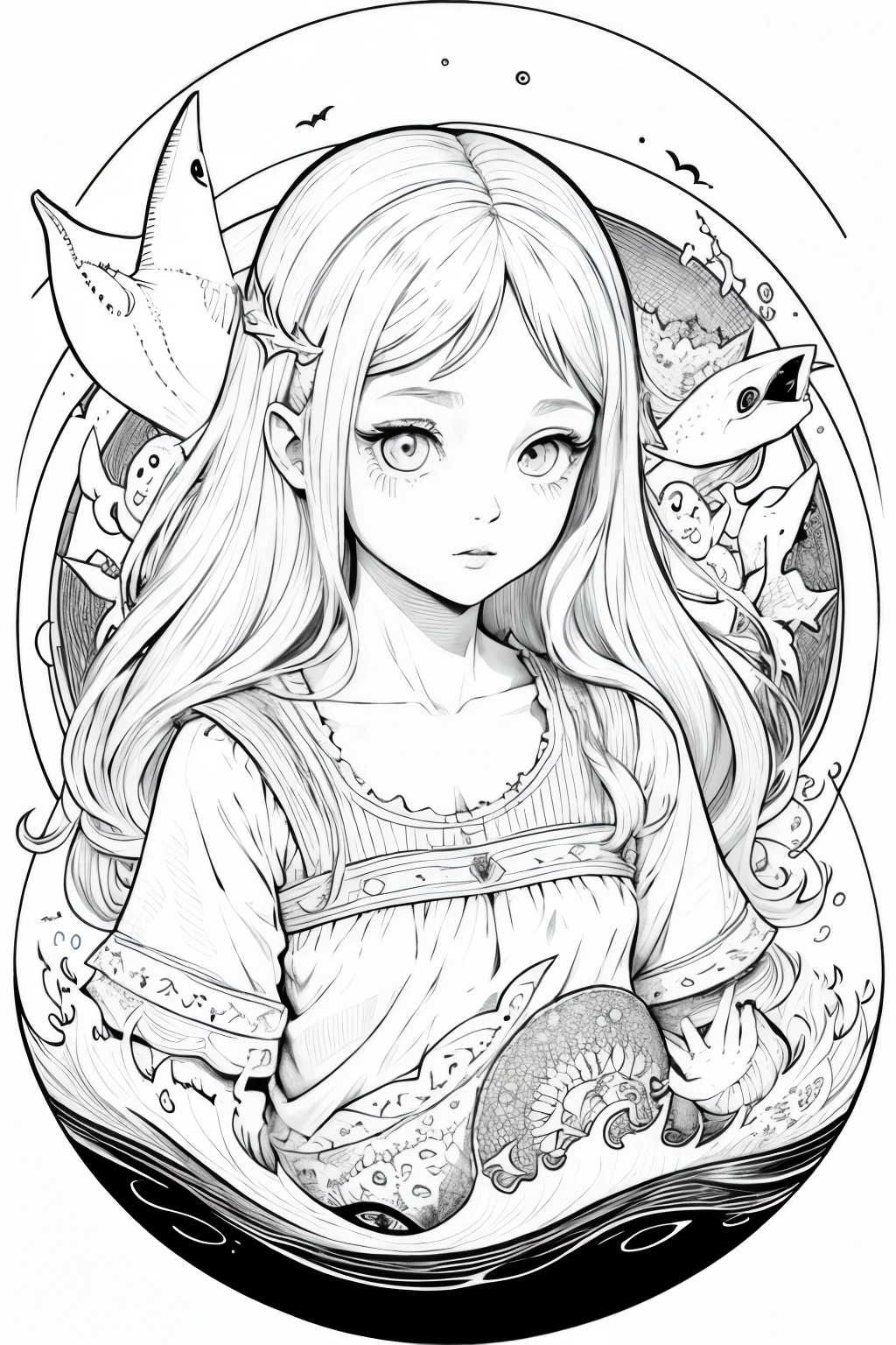 Obra maestra, superlativo,solamente, shark girl, little fishes line drawing background, fondo blanco, monocromo, line drawing, ((bosquejo)), spooky, white eyes, doodle,