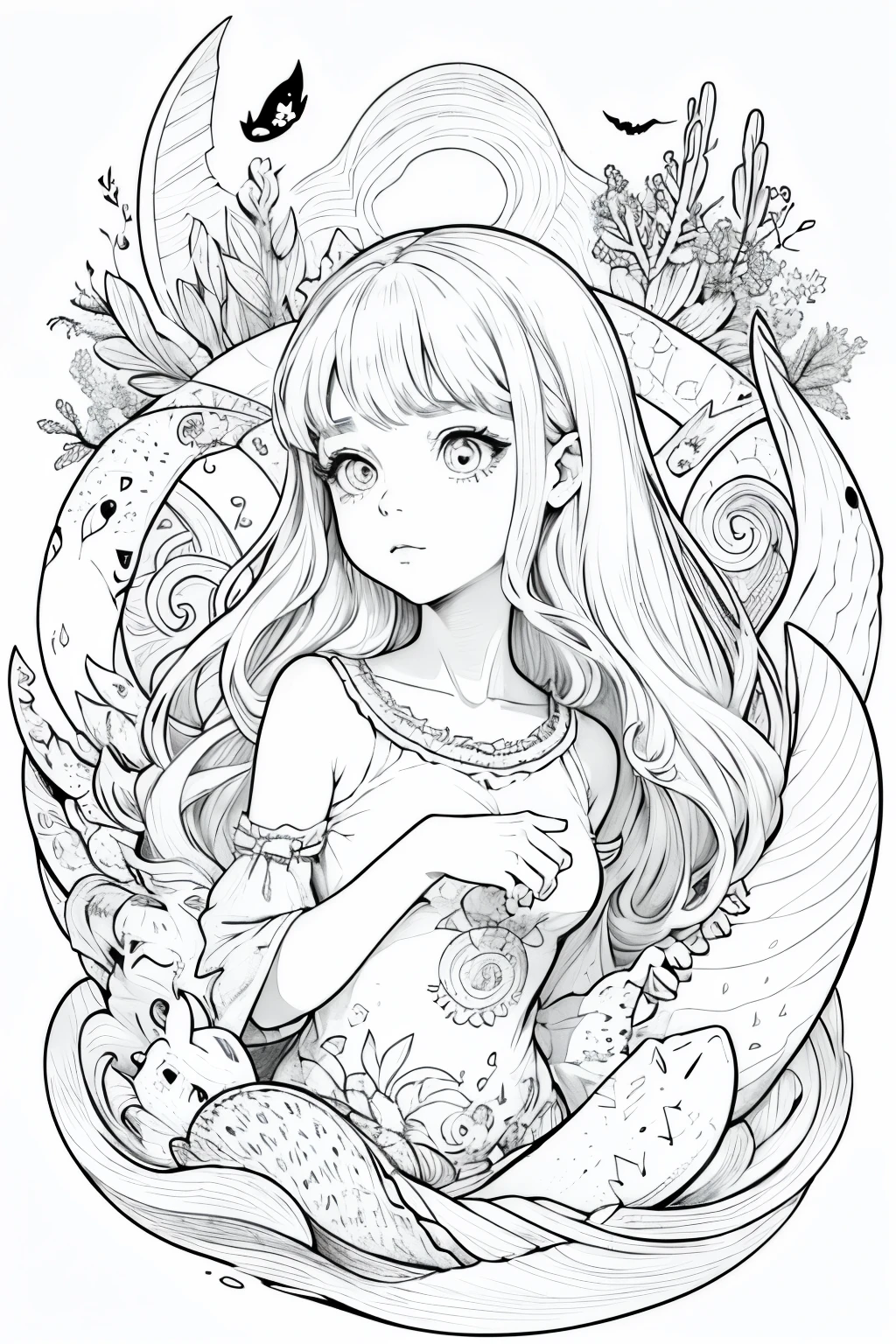 Obra maestra, superlativo,solamente, shark girl, little fishes line drawing background, fondo blanco, monocromo, line drawing, ((bosquejo)), spooky, white eyes, doodle,