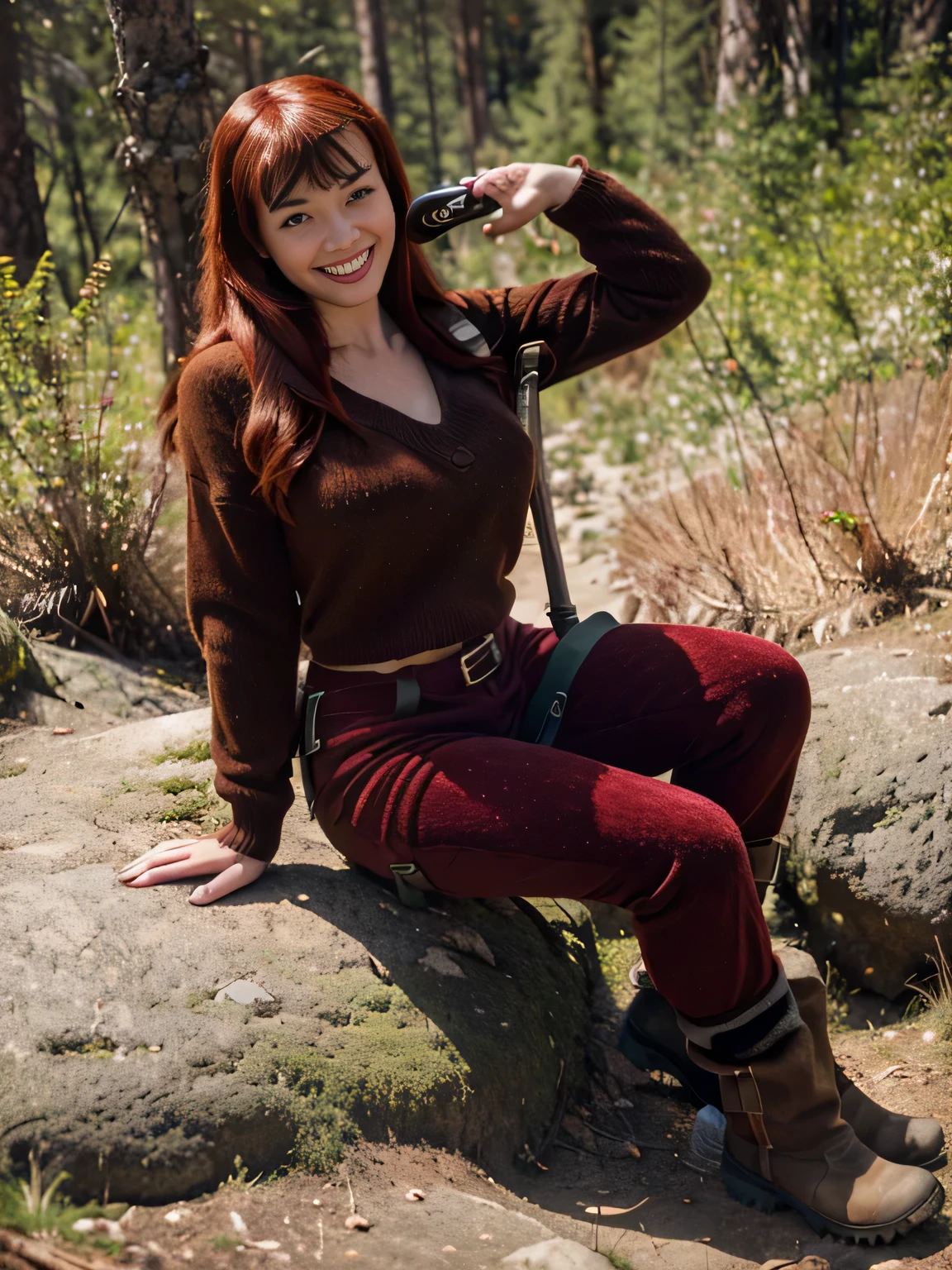 A beautiful smiling  Bettie page with red hair, climbing a mountain, in a forest,big wool brown sweater, velvet brown pants, mountain boots, helping walinkg herself with an alpenstock
 , she's climbing hard the mountain,,photo captured in stunning Ultra HD, 8k resolution, Nikon D850, 