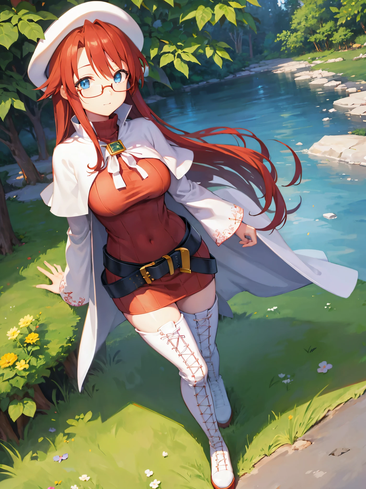 summonnightaty, aty, long hair, blue eyes, red hair, beret, hat, glasses,
BREAK long hair, thighhighs, hat, dress, boots, glasses, belt, cape, sweater, zettai ryouiki, beret, thigh boots, white footwear, ribbed sweater, loose belt,solo,
BREAK outdoors, fantasy,on_a_ship,
BREAK (masterpiece:1.2), best quality, high resolution, unity 8k wallpaper, (illustration:0.8), (beautiful detailed eyes:1.6), extremely detailed face, perfect lighting, extremely detailed CG, (perfect hands, perfect anatomy),covered_nipples,covered_navel,light_smile ,(half_eyes:1.4),sword,armpit,sleepy,dynamic_standing,barrel,red_sweater,apart_legs,magical_effect,pulmp,big_tits,