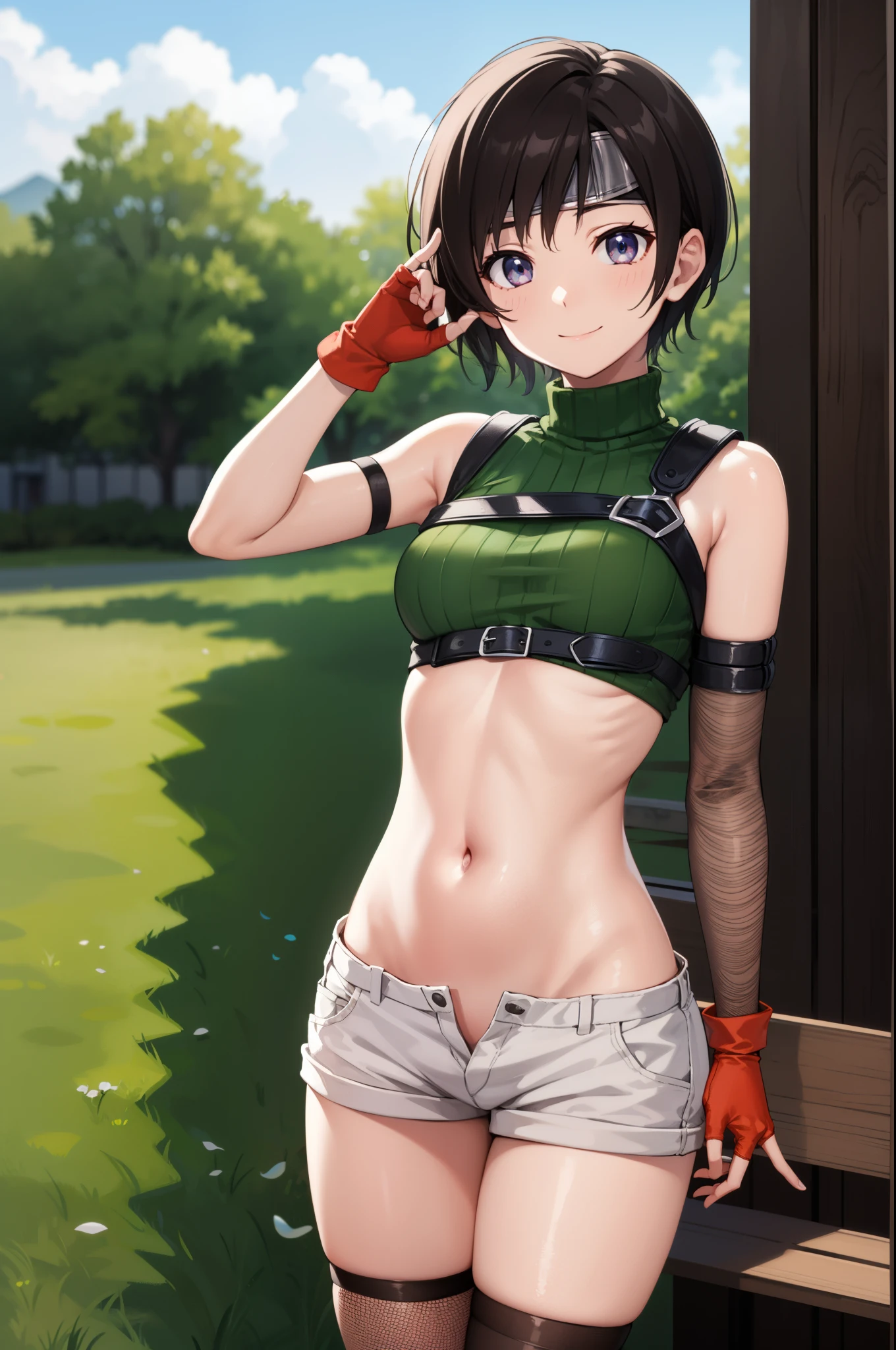 yuffiekisaragi, Yuffie Kisaragi,Haircuts, pixie cut,
壊す crop top, fingerless gloves, fishnet Thighhighs, fishnet, forehead protector, gloves, head band, belly button, short shorts, shorts, single sleeve, single thigh high, No sleeve, No sleeve turtleneck, Thighhighs, turtleneck,
bench、blue sky、smile, solo