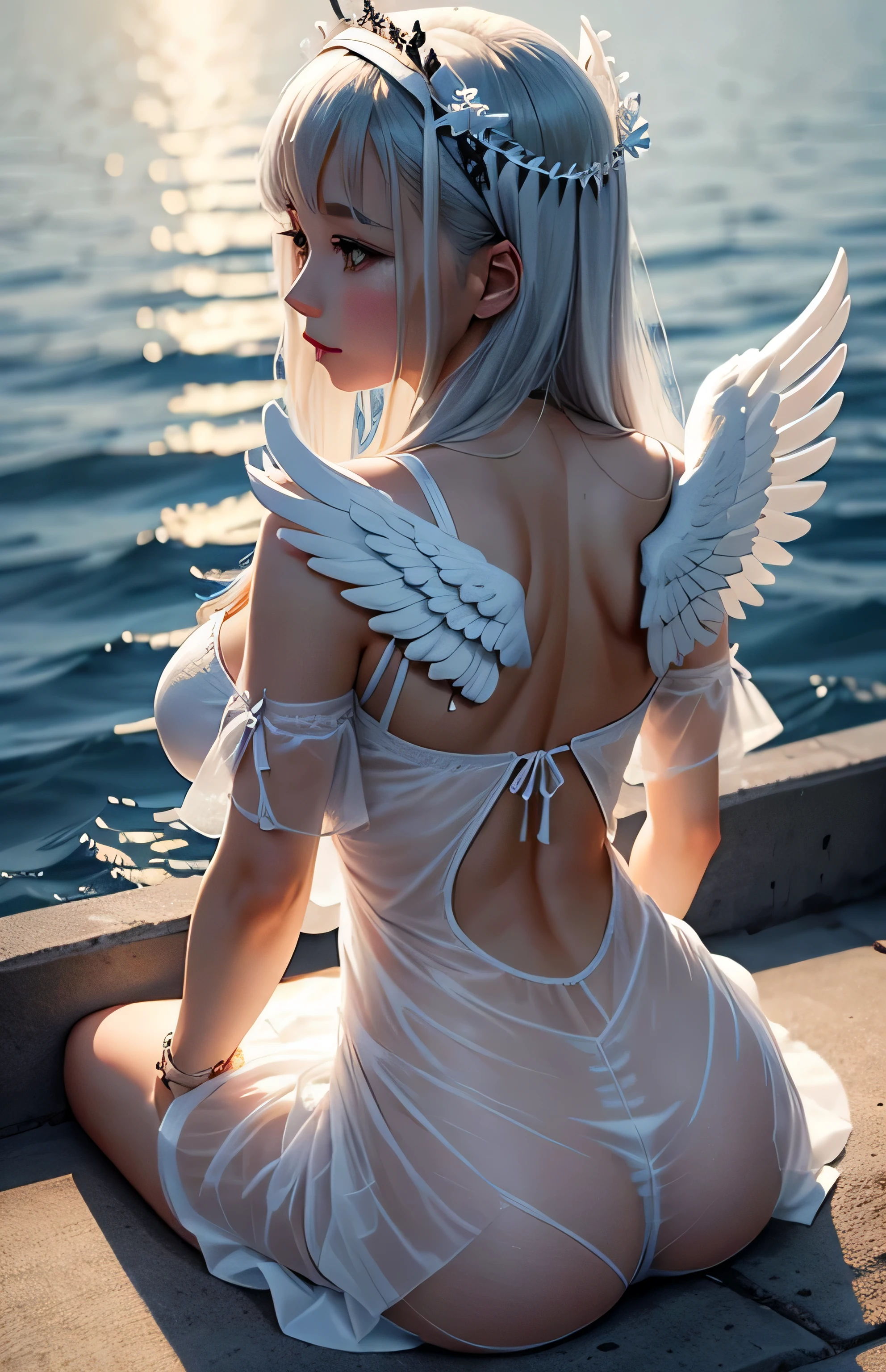 Greek warships、She has the white wings of an angel on her back、see-through white dress