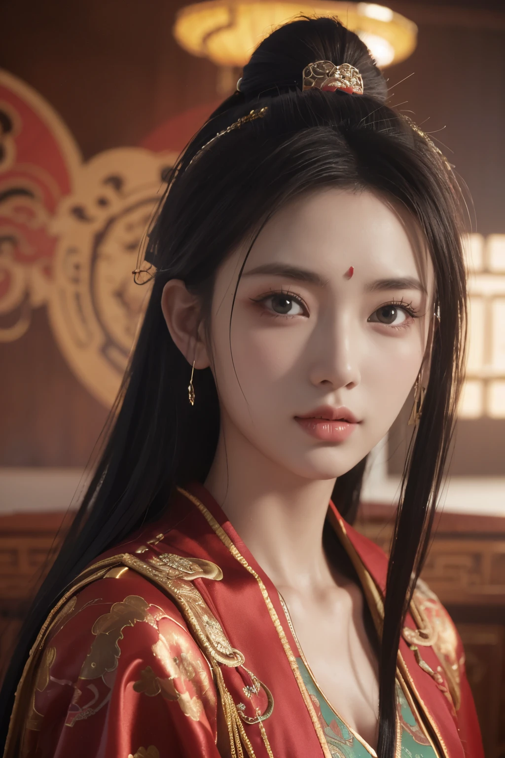 Game art,The best picture quality,Highest resolution,8K,((A bust photograph)),((Portrait)),((Head close-up)),(Rule of thirds),Unreal Engine 5 rendering works, (The Girl of the Future),(Female Warrior), 22 year old girl,(Ancient Chinese women),(Rainbow hair,Ancient Oriental hairstyle),((The pupils of the red eyes:1.3)),(A beautiful eye full of detail),(Big breasts),(Eye shadow),Elegant and charming,indifferent,((Anger)),(A silk coat with ancient Chinese style,Bellyband,The clothes are decorated with patterns with Chinese characteristics,A flash of jewellery,White),(The clothes are made of silk:1.5),figure,fantasy style, photo poses,city background,Movie lights,Ray tracing,Game CG,((3D Unreal Engine)),OC rendering reflection pattern
