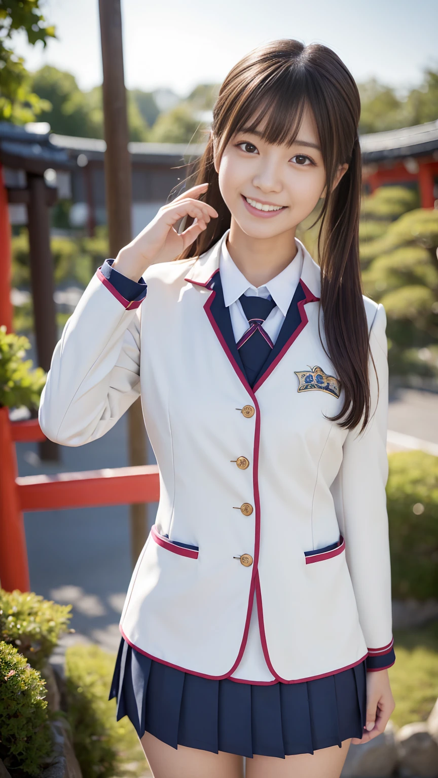 shake her hand、thin脚、ponytail、extraordinary beauty、cute face、best smile、cute smile、frontage、thin、straight hair、School、Ulchan-6500-v1.1, (Raw photo:1.2), (Photoreal:1.4),　beautiful detailed girl, very detailed目と顔, beautiful and fine eyes,  huge file size,  High resolution, very detailed, highest quality, masterpiece,  ((Japanese girls&#39; high school uniform:1.5)),  very detailed, cg,  8k wallpaper, grow, finely,  highest quality, Hvery detailed cg uniforms、 light shines on your face、movie lighting、18 year old girl、