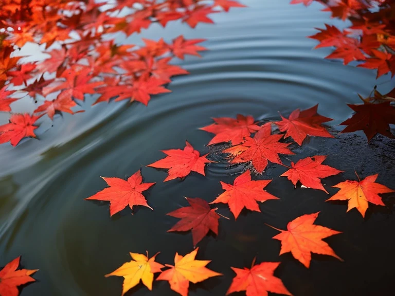 Perfect red maple leaves falling in lake with drops