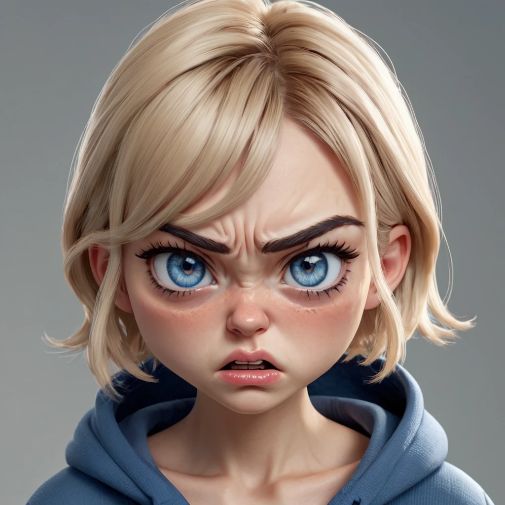 (((angry, Mouth open, angry brow, frown lines Eyebrows, blue eyes))), ((chibi)), portrait, (wide open mouth), blue hoodie, wrinkles near the nose, (simple gray background), girl, Young adult, [Nordic:Icelandic:0.5], age 25, Hourglass body, perfect Olive skin, big Oval Face, Long neck, Rounded shoulders, slim fitness arms, Attached Pointed ears, Short blonde Beach Waves pixie haircut Parting centre hair, snub nose, High Round Narrow cheekbones, Dimpled Cheeks, Rounded Chin, Nude Makeup Look, long eyelashes, third breast size, 8k, vray, IMax, hyperrealism, perfect light, bokeh Carl Zeiss 85mm, small depth of field, photorealistic, masterpiece, high resolution, best quality, cinematic shot, ultra-detailed, super realistic, Hyperrealistic art, high-quality, ultra high res, highest detailed, lot of details, Extremely high-resolution details, photographic, realism pushed to extreme, incredibly lifelike, atmospheric perspective (focus on face), realistic skin, soft light, detailed skin, colourful, soft cinematic light, (perfect skin),