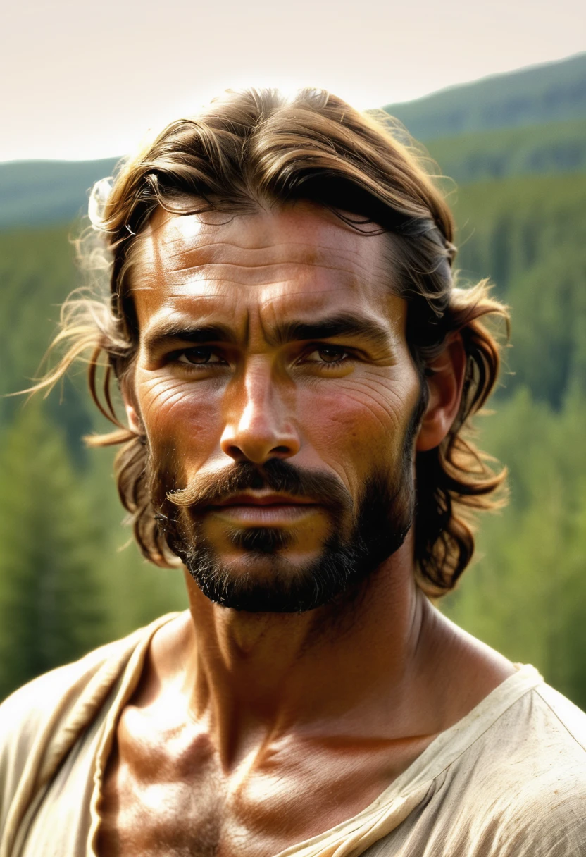 (highly detailed, soft light, detailed face, detailed skin, detailed eyes, photorealistic, dynamic light; cinematic); 1820's; 35 years old man; German-Native American mix; 1820's fur hunter; leadership figure; strikingly handsome; confident and intensely alluring; wild man; defined cheekbones; defined strong jawline; longer chin; handsome face; strapping; tough but romantically interested expression; masculine face; charismatic; grizzled; sensual; strong German nose; manly passionate air; very attractive; burly broad figure with strong shoulders; ruddy weathered skin; long stubble beard; natural dark-blue eyes; thick strong chestnut-brown eyebrows; 1820's farming clothes; tousled chestnut-brown hair half up; full firm masculine lips; 1820's Red River Settlement with boreal forest in background; natural dark-blue eyes; looking at camera