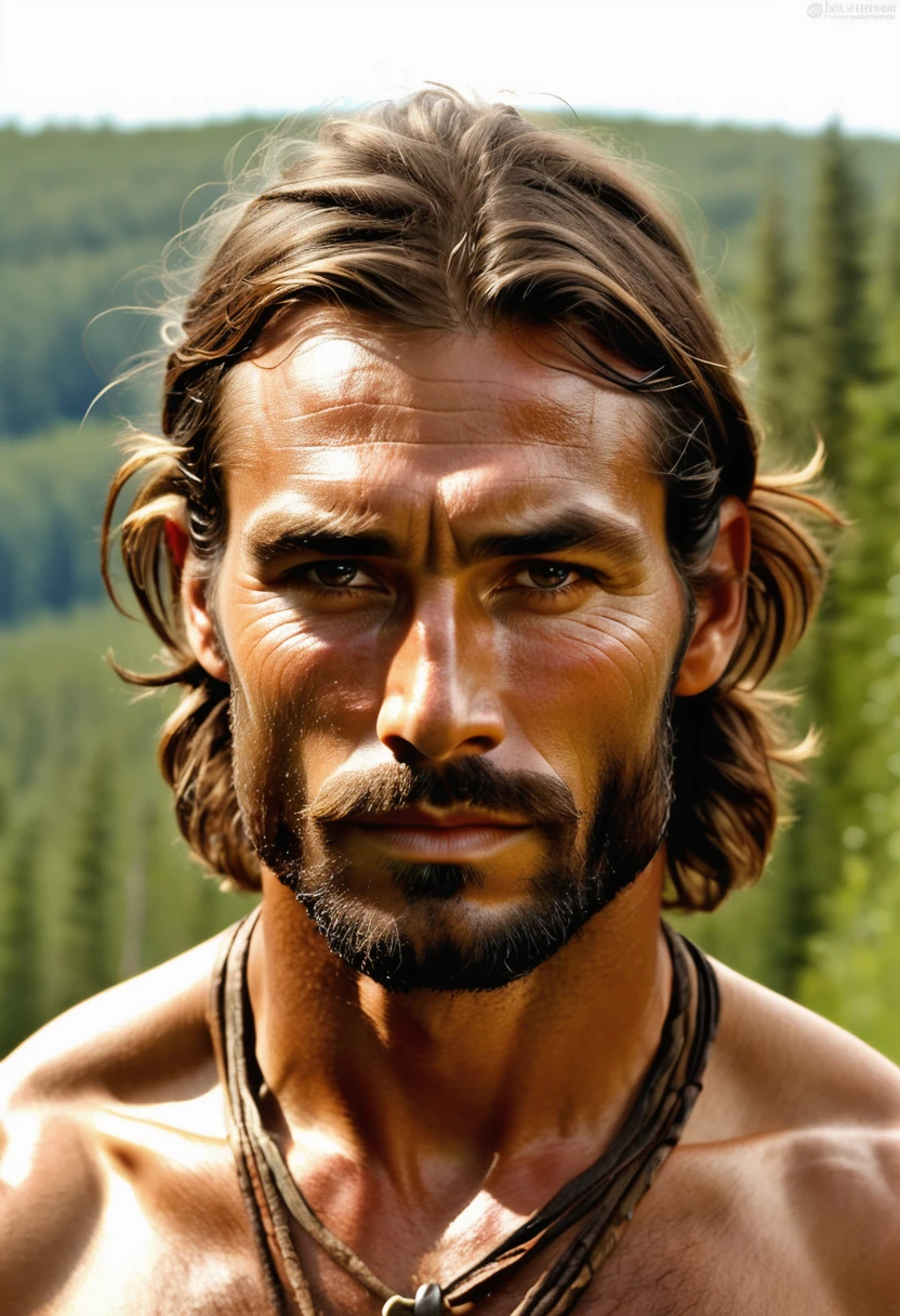 (highly detailed, soft light, detailed face, detailed skin, detailed eyes, photorealistic, dynamic light; cinematic); 1820's; 35 years old man; German-Native American mix; 1820's fur hunter; leadership figure; strikingly handsome; confident and intensely alluring; wild man; defined cheekbones; defined strong jawline; longer chin; handsome face; strapping; tough but romantically interested expression; masculine face; charismatic; grizzled; sensual; strong German nose; manly passionate air; very attractive; burly broad figure with strong shoulders; ruddy weathered skin; long stubble beard; natural dark-blue eyes; thick strong chestnut-brown eyebrows; 1820's farming clothes; tousled chestnut-brown hair half up; full firm masculine lips; 1820's Red River Settlement with boreal forest in background; natural dark-blue eyes; looking at camera