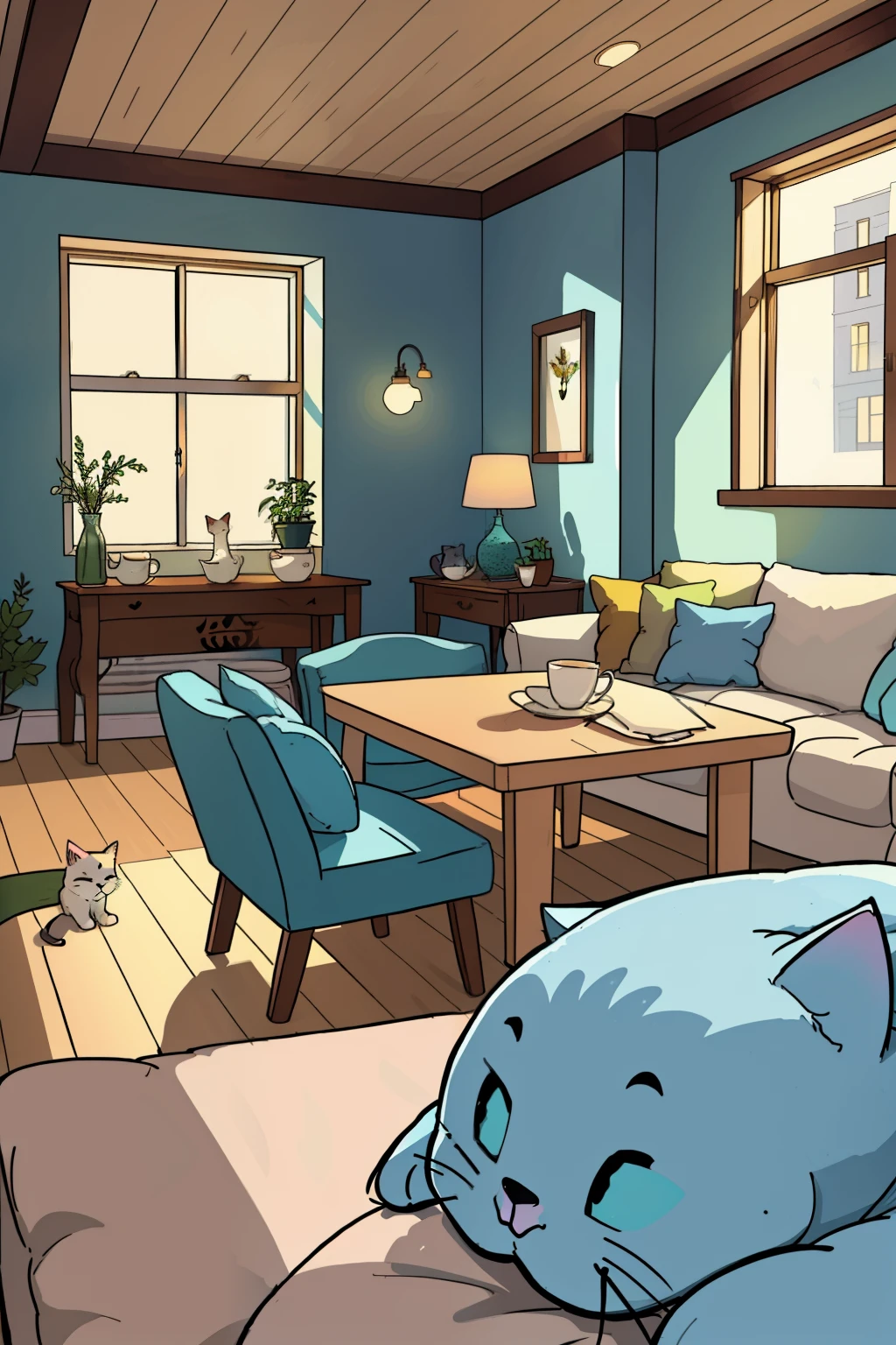 In the cozy cat cafe, the Scandinavian minimalistic interior design exudes a hygge comfort vibe. Soft natural lighting pours through the large windows, casting gentle shadows on the pastel-colored walls. Assorted cats can be found lounging and playing on the wooden furniture, their soft purrs filling the air with a subtle sense of chaos. Wood accents add warmth to the space, creating a sense of nostalgia and homeliness. Intricate latte art adorns the tables, adding a touch of elegance to the scene. The gentle chaos of the purring felines contrasts with the quiet simplicity of the interior design, making for a truly unique and enjoyable atmosphere