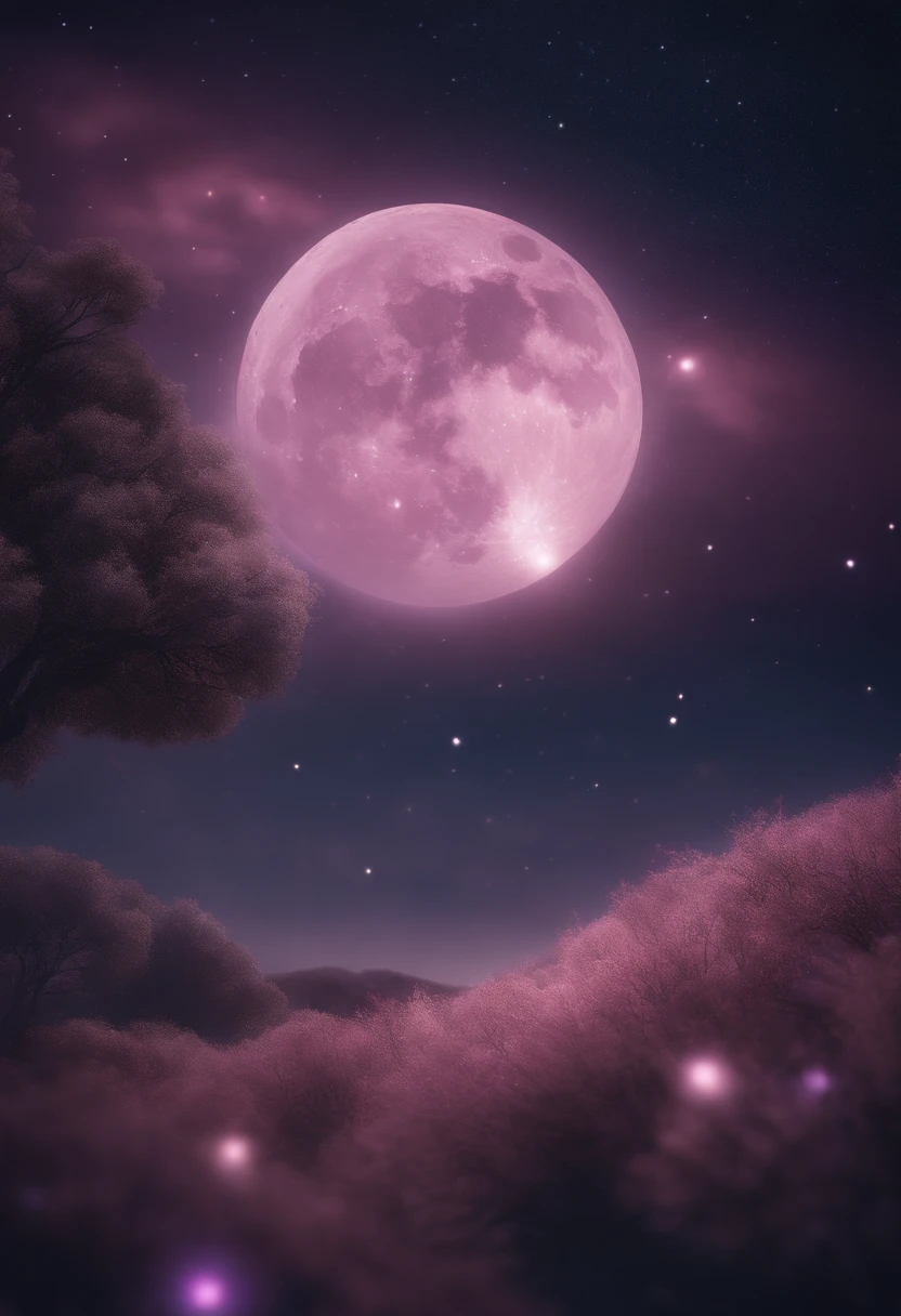 ((HG)), A captivating ((photorealistic image)) of a ((dreamy night sky)) featuring ((a fulmoon)) and an array of twinkling stars. ((Galaxy)), creating a sense of depth and fantasy. ((soft dreamy ethereal atmosphere.)) This stunning 3D render, showcasing an aesthetic blend of cosmic and dreamy elements, calm pink and purple tone,