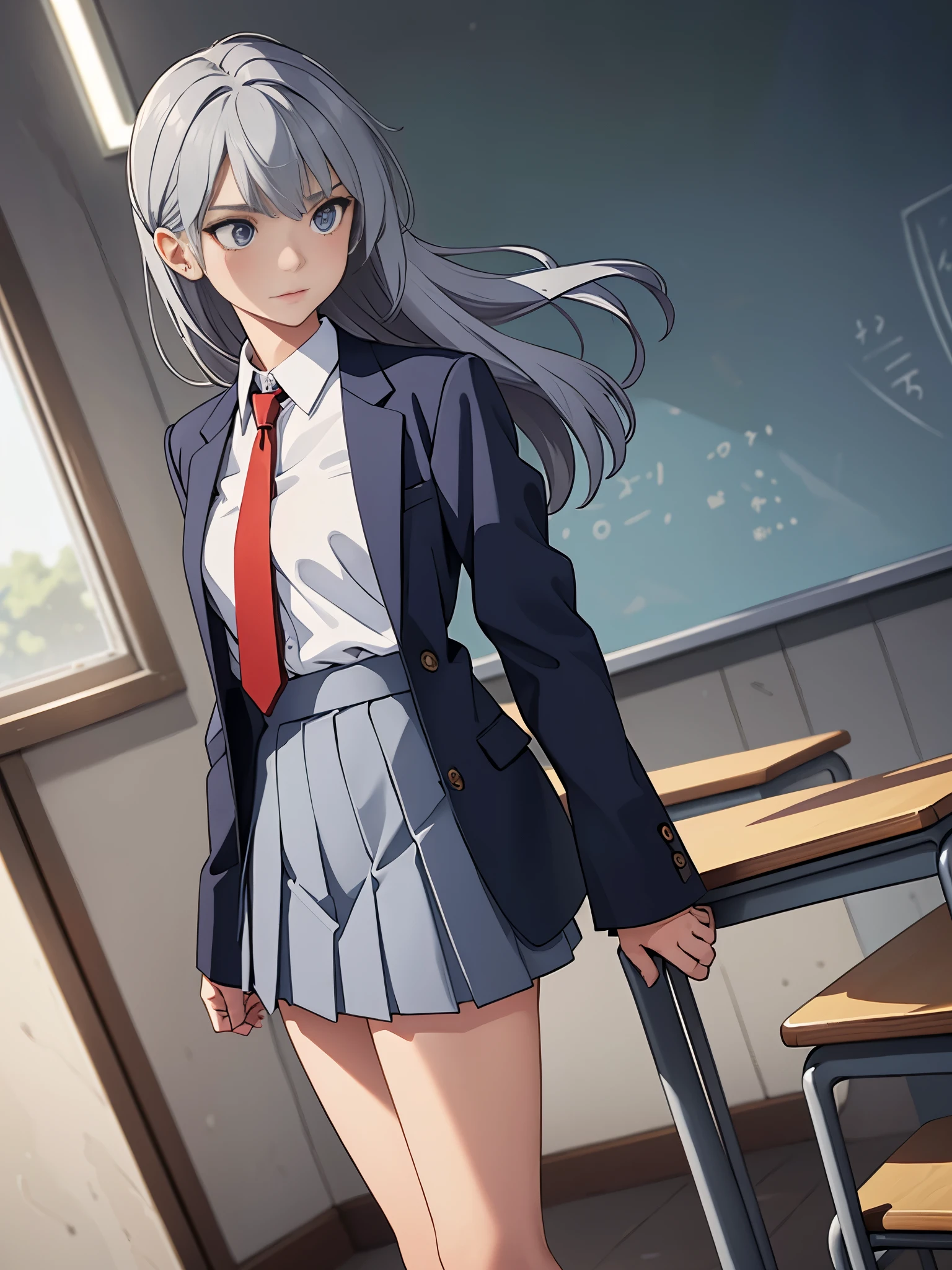 1girl, tall body, high school student, suit, dark blue suit jacket, white shirt, red ribbon necktie, grey pleated skirt, miniskirt, bare legs, white socks, brown shoes, light grey hair, hazel eyes, shoulder-length hair, bangs, ahoge, beautiful detailed eyes, beautiful detailed face, cute face, medium breasts, perfect hands, complete fingers, perfect ???????, perfect proportions, age 18, solo, solo focus, standing, classroom backdrop, warm lighting